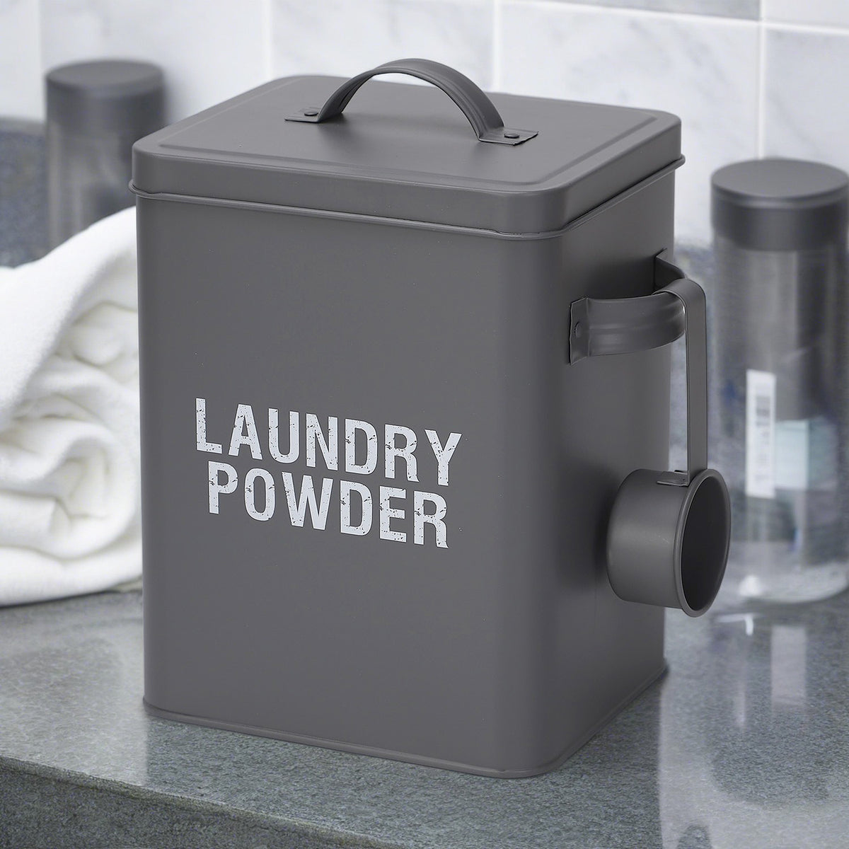 Grey Laundry Powder Storage Box with Scoop