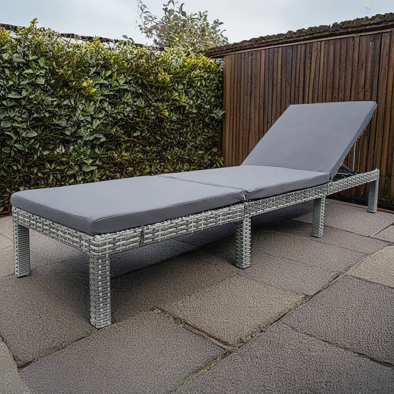 Rattan Effect Plastic Grey Sun Lounger With Cushions