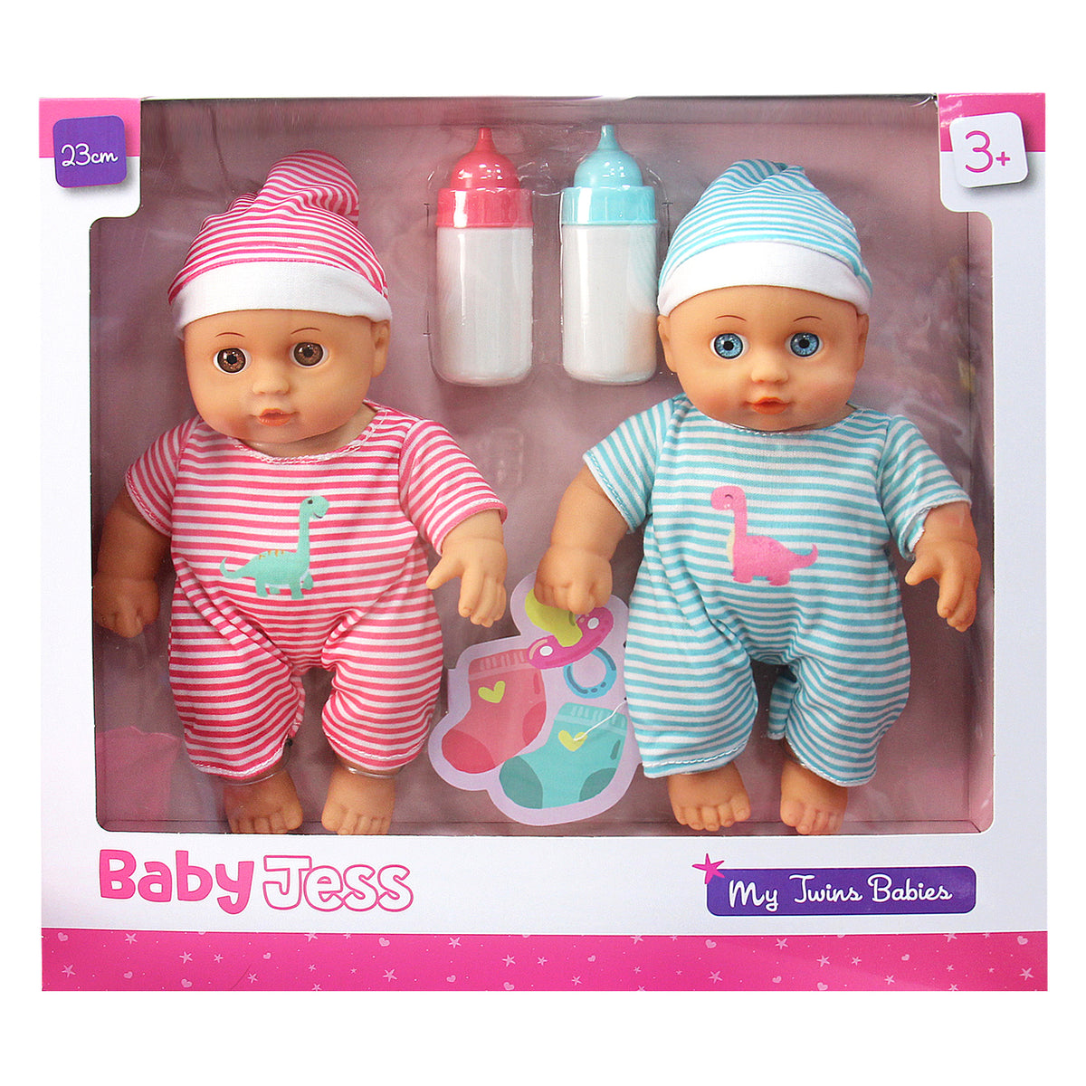 Twin Baby Dolls Gift Set with Feeding Bottles | 2 Baby Dolls in Pink & Blue Outfits