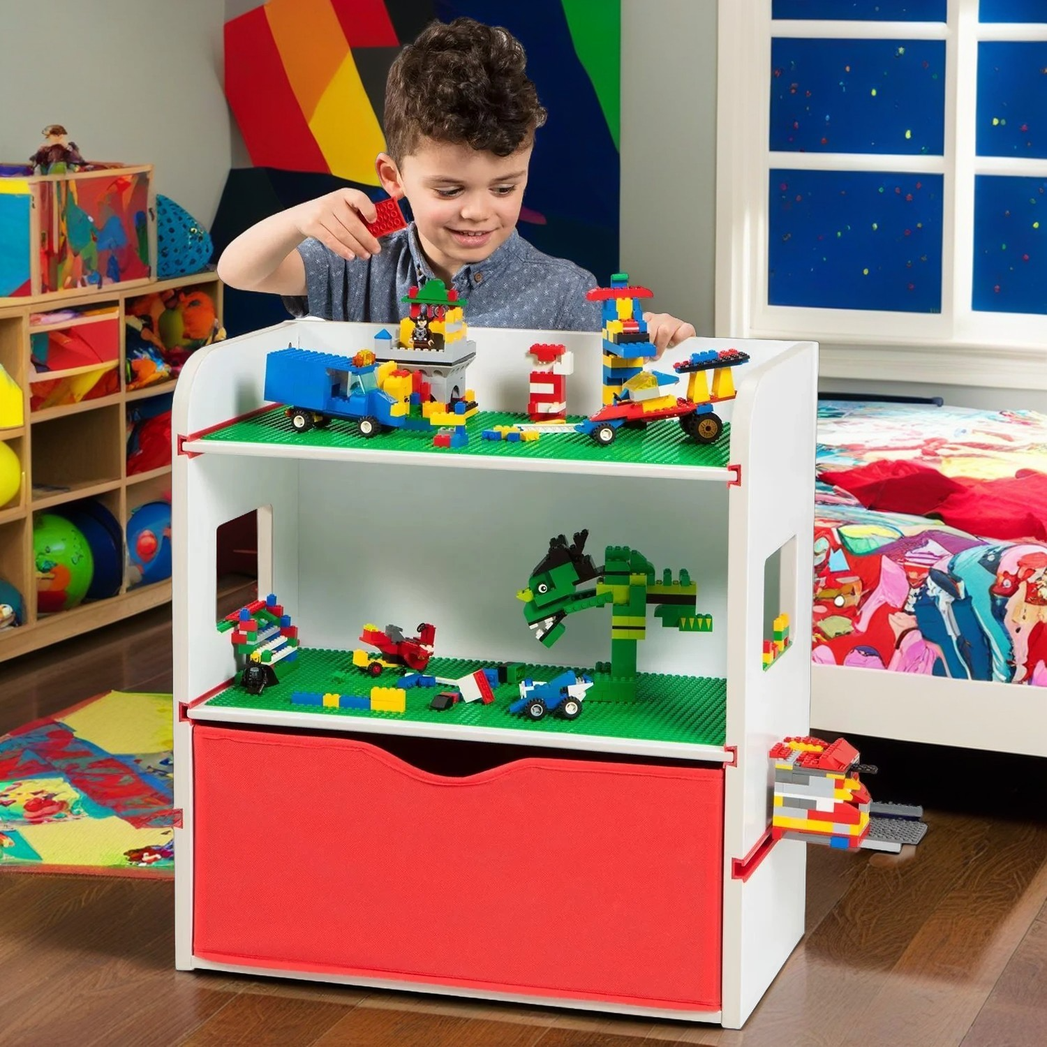 Room 2 Build Bookshelf Bedside Storage Unit with Building Brick Boards