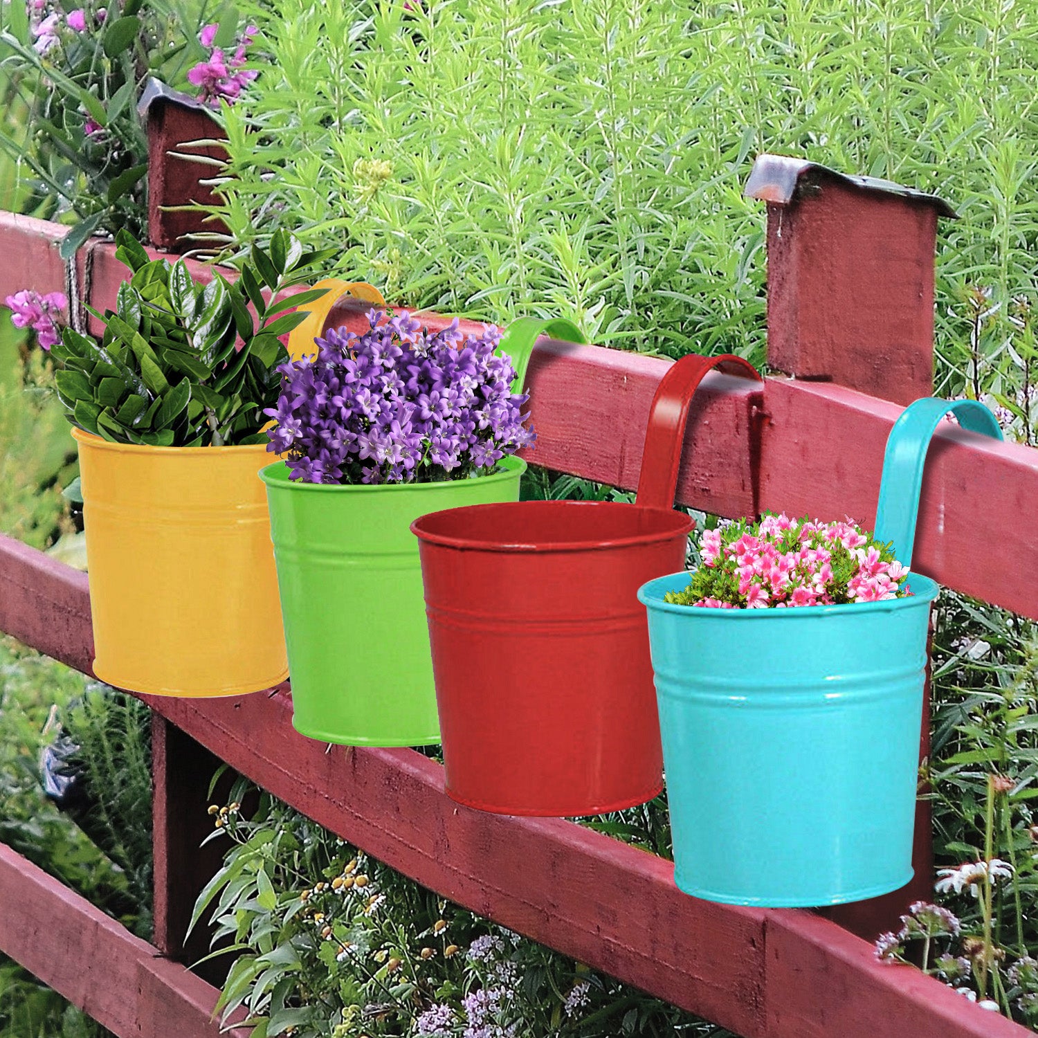 Set of 10 Coloured Metal Hanging Flower Pot