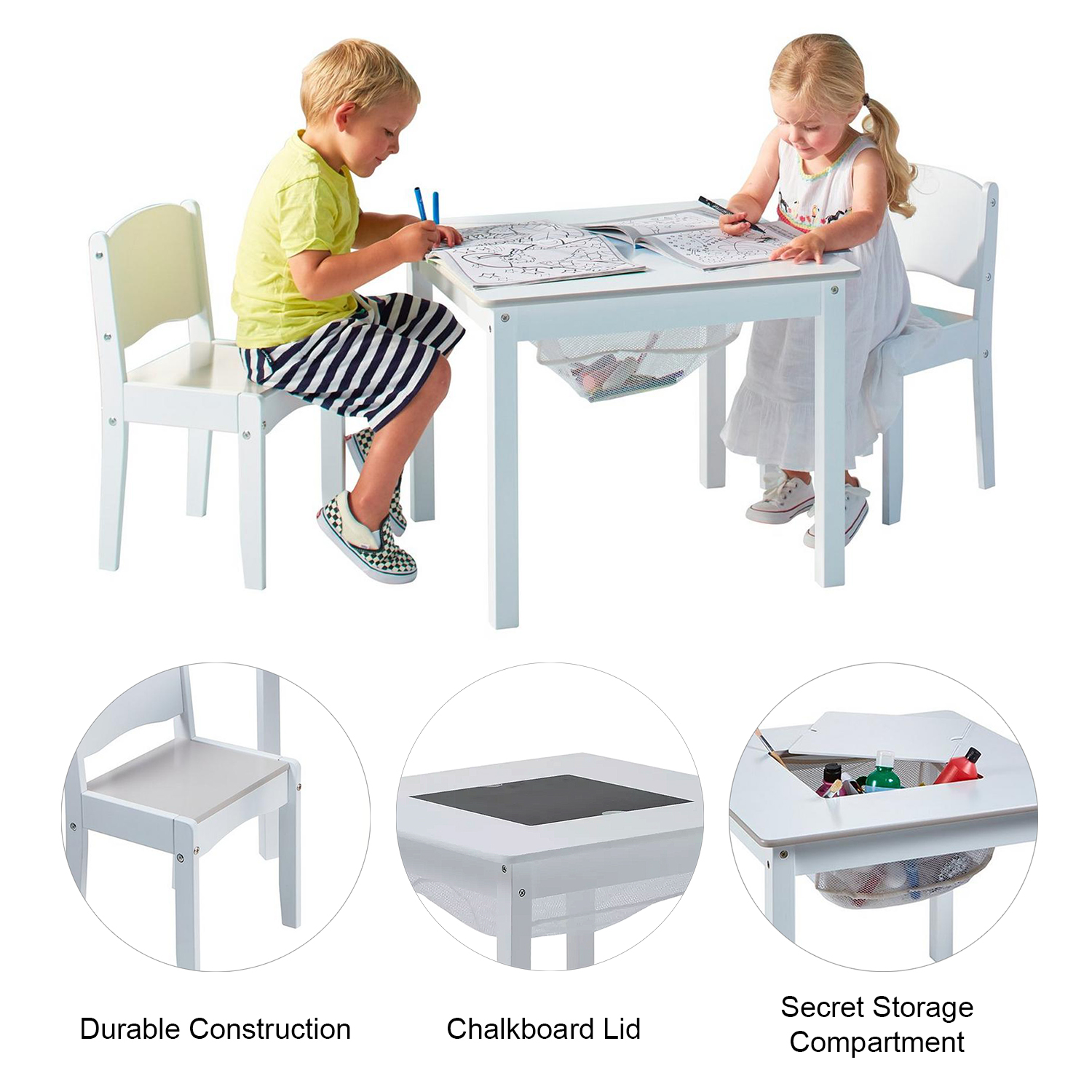 Kids White Craft Table with Storage and 2 Chairs Set