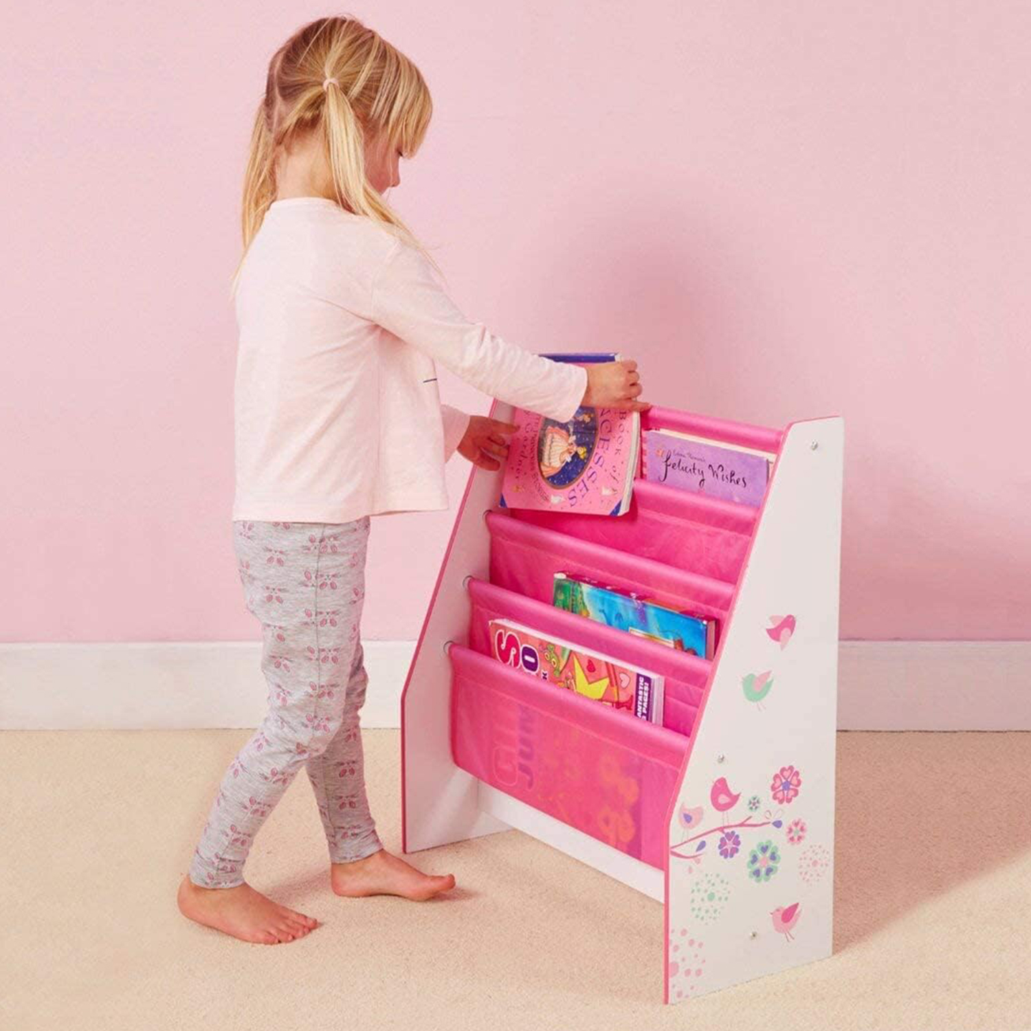 Pink Flowers and Birds Freestanding Sling Bookcase