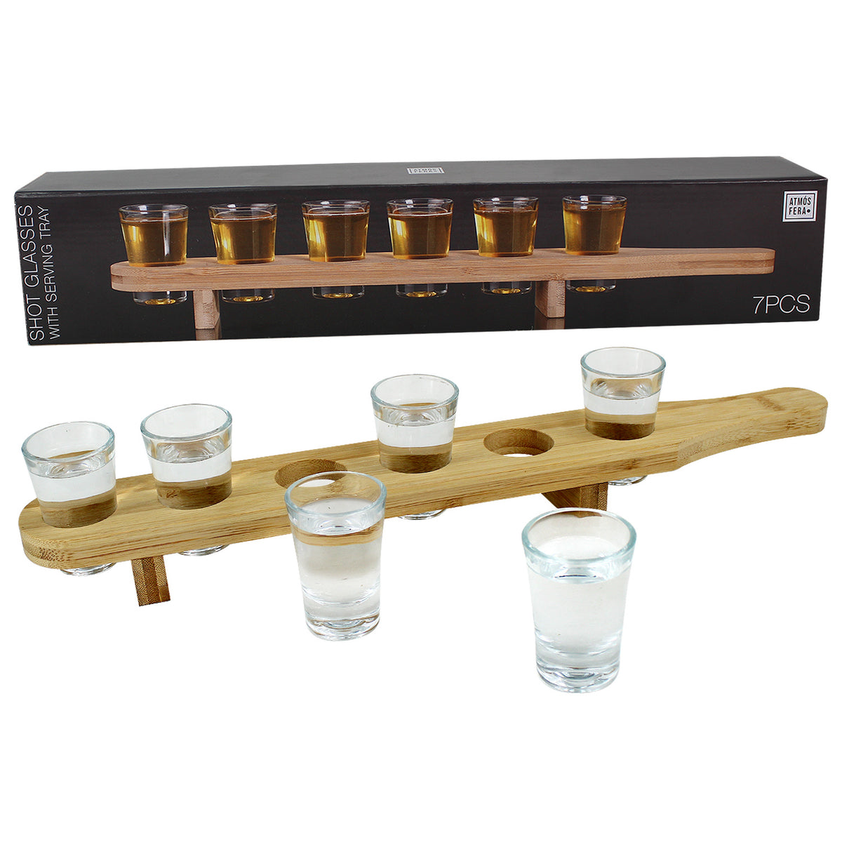 Set of 6 Shot Glasses with Wooden Serving Tray Paddle