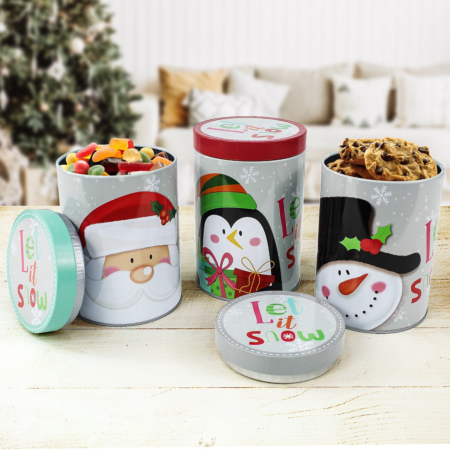 Set of 3 Christmas Cookie Canister Storage Tins