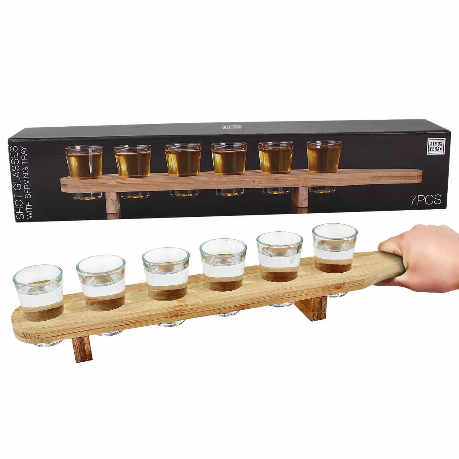 Set of 6 Shot Glasses with Wooden Serving Tray Paddle