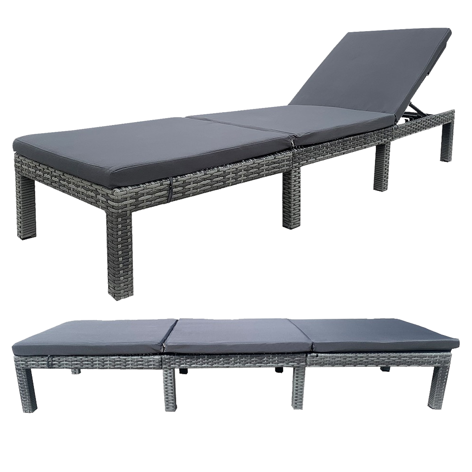 Rattan Effect Plastic Grey Sun Lounger With Cushions