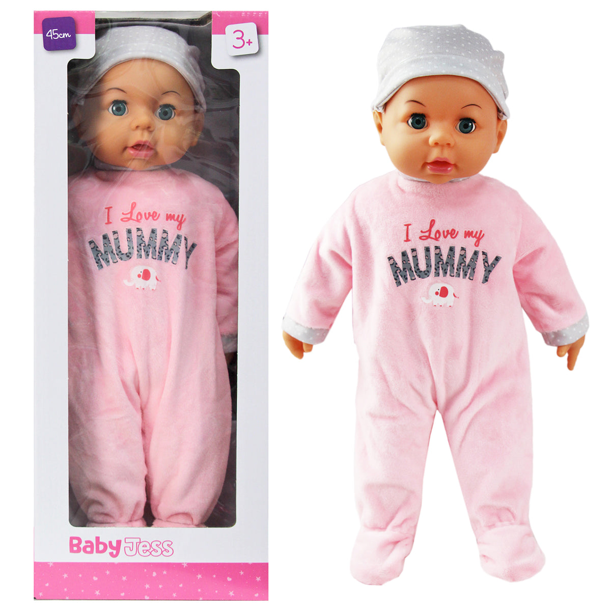 45cm Baby Doll with Hat & Fleece Babygrow | Pink or Blue Option