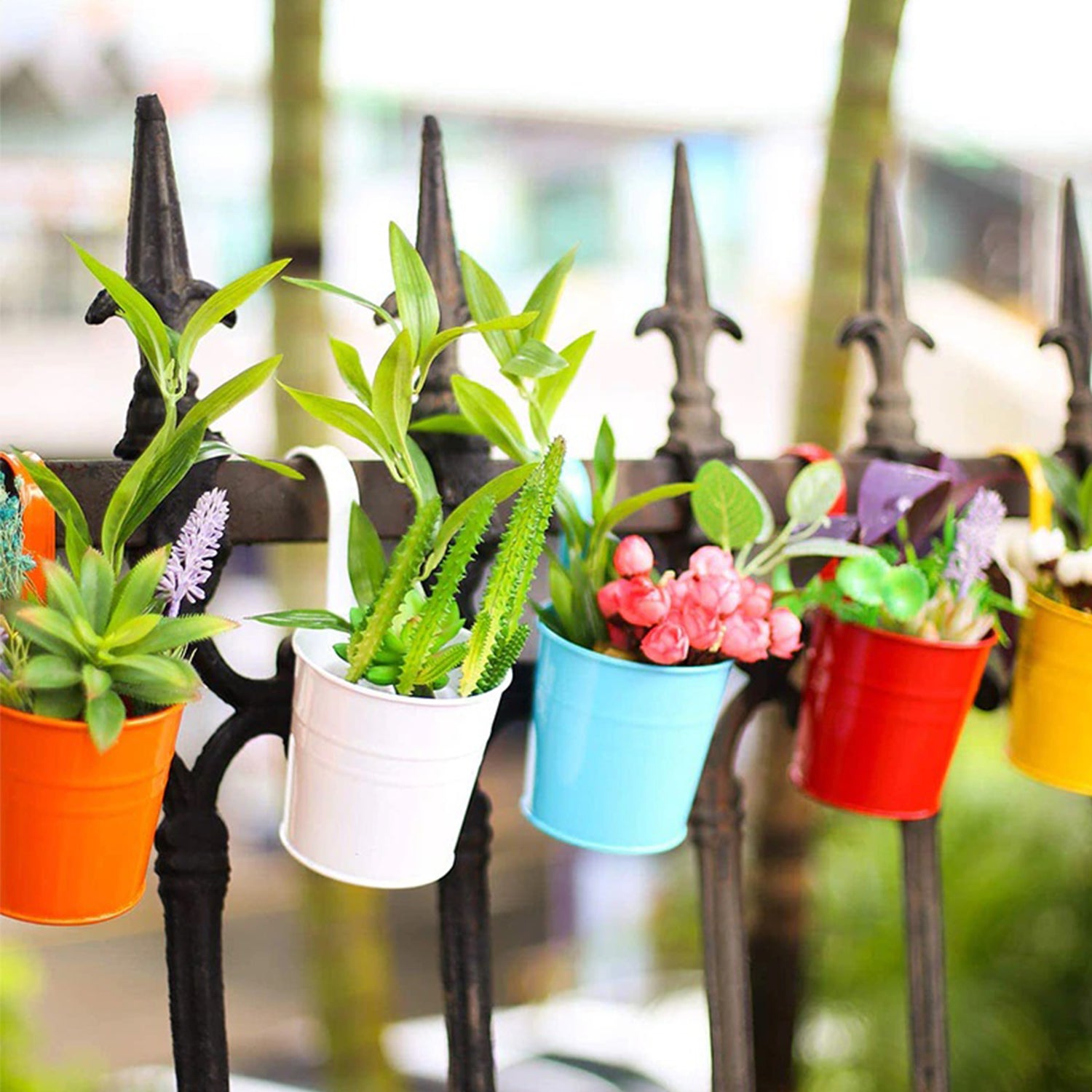 Set of 10 Coloured Metal Hanging Flower Pot