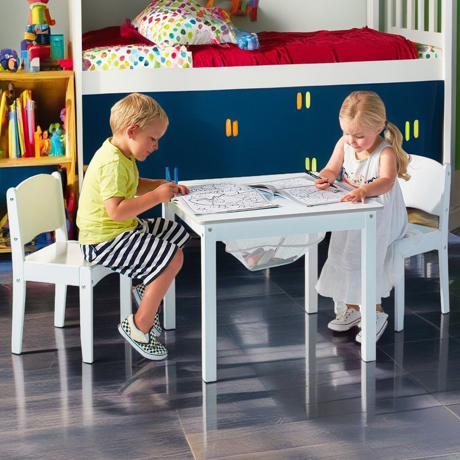 Kids White Craft Table with Storage and 2 Chairs Set