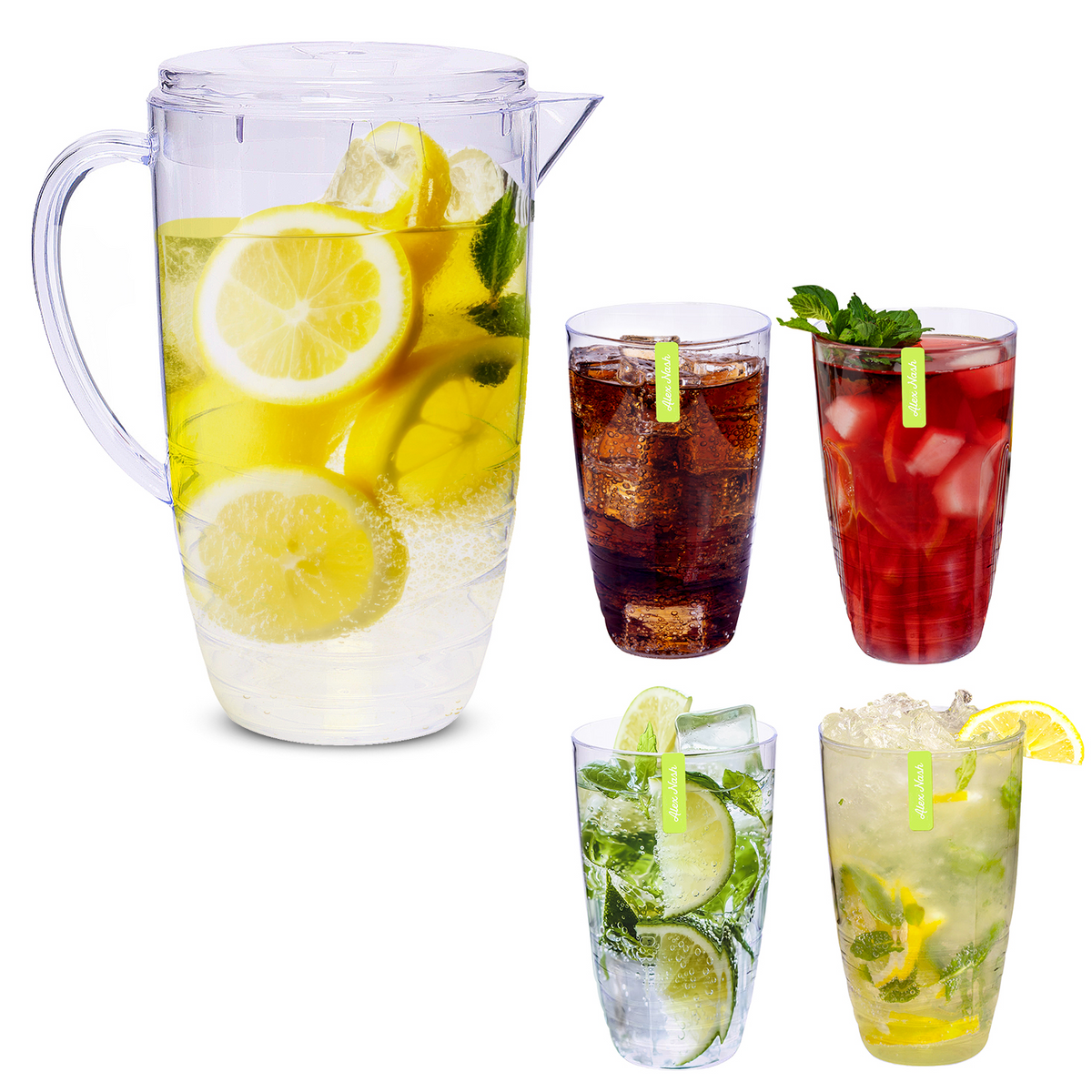 2 Litre Clear Plastic Swirl Drinks Pitcher Jug with Matching Cups