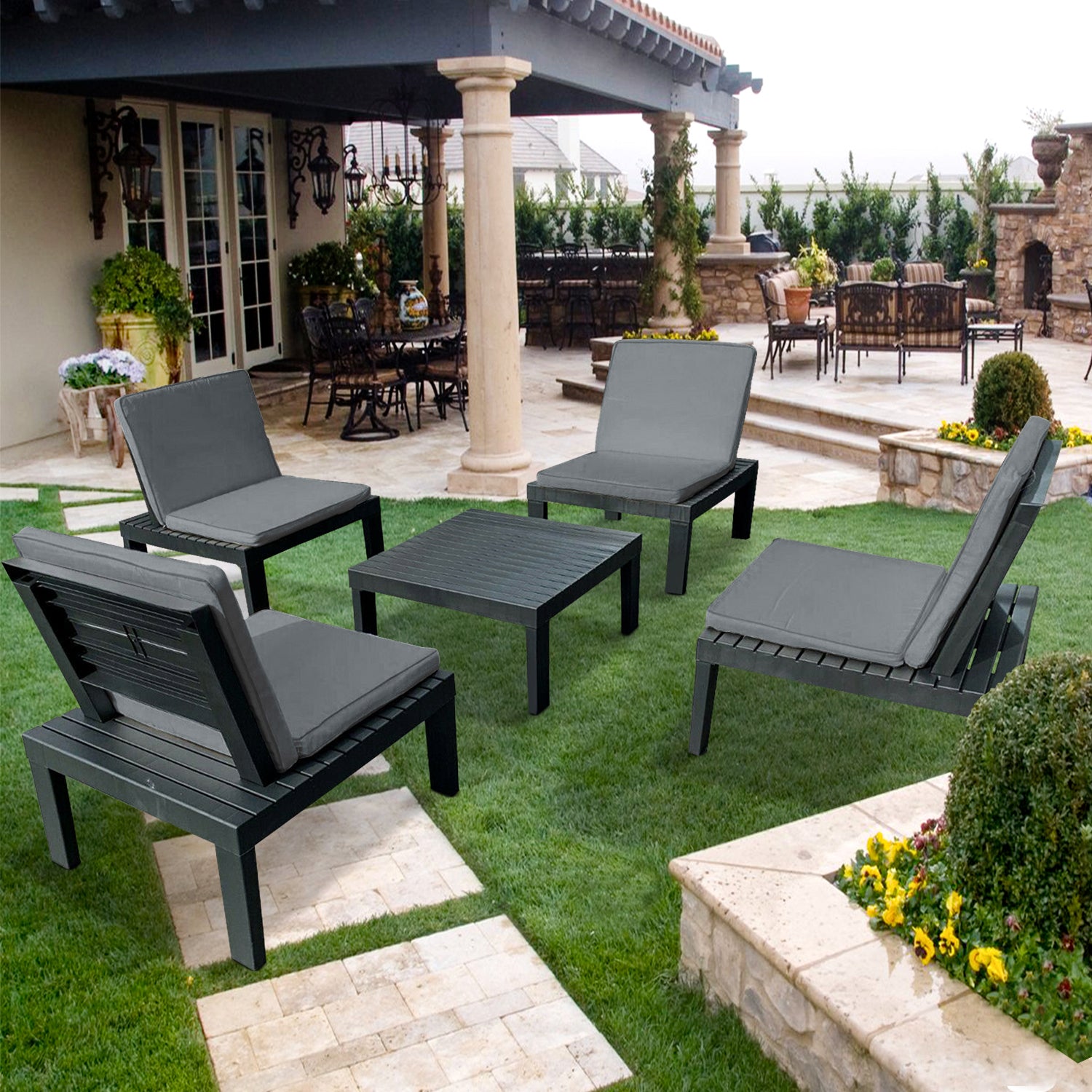 5 Piece Rattan Garden Furniture Set with Cushions