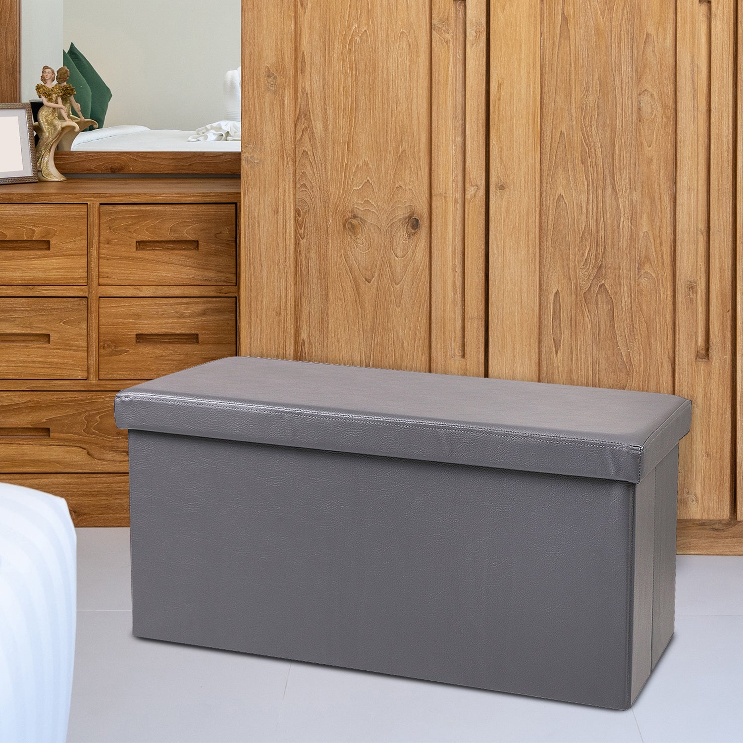 Dark Grey Leather Foldable Storage Ottoman