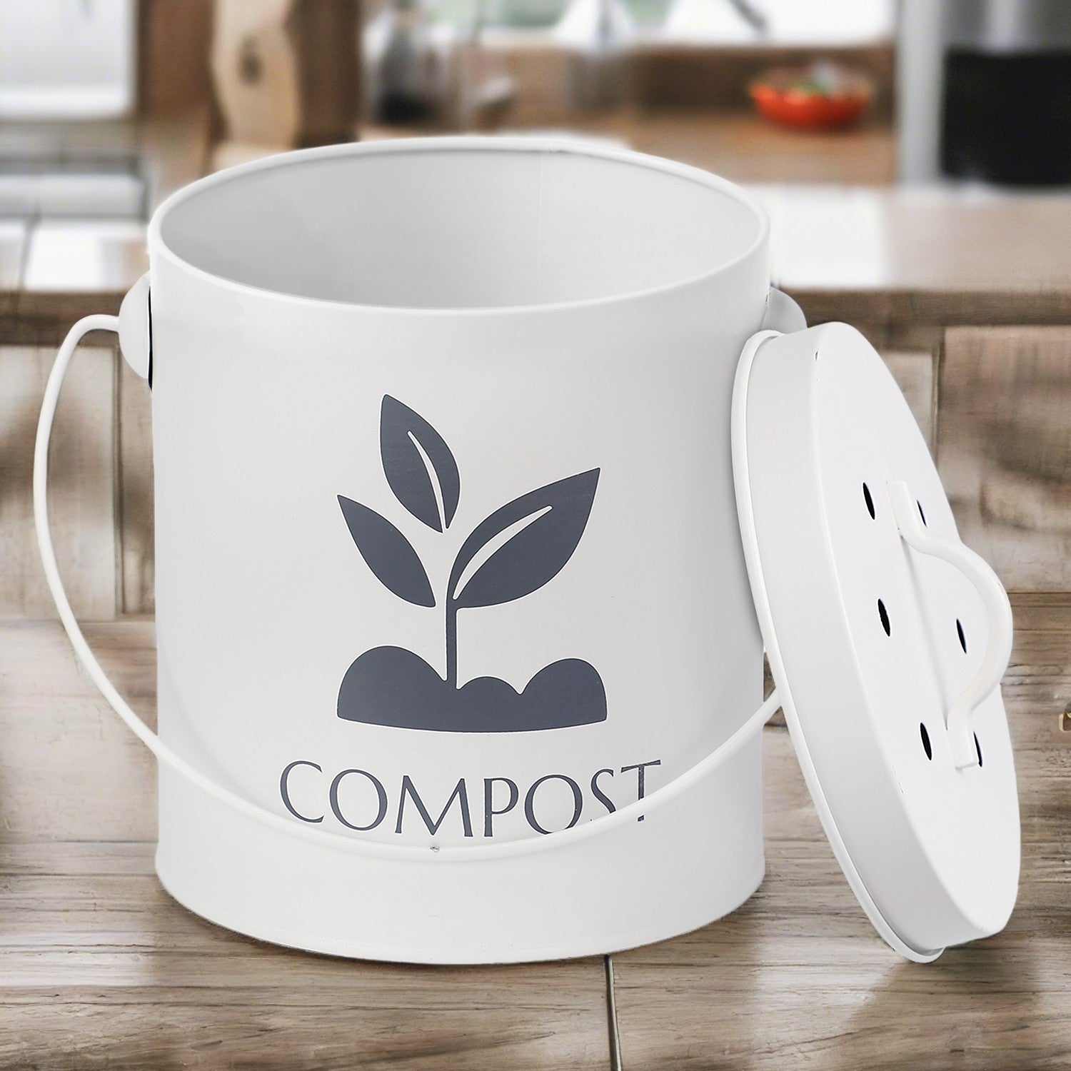 White Kitchen Compost Bin With Lid & Handle