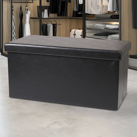 Black Leather Foldable Storage Ottoman