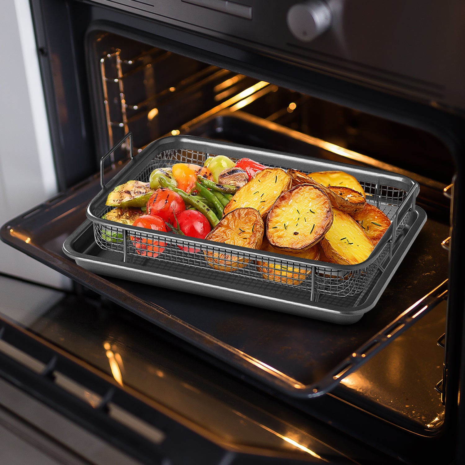 2 Piece Air Fryer Crisper Tray with Oven Tray & Elevated Mesh Crisping Basket