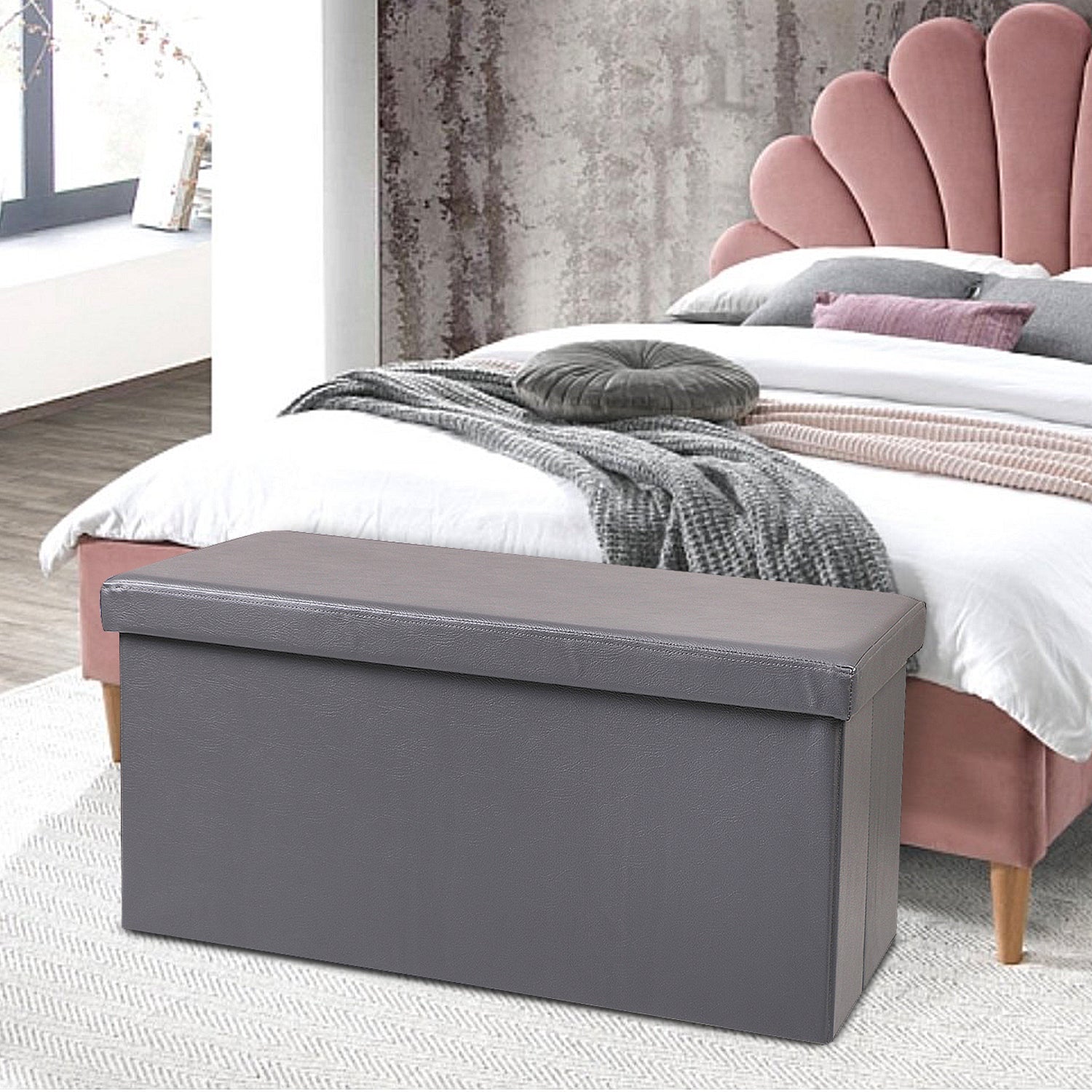 Dark Grey Leather Foldable Storage Ottoman