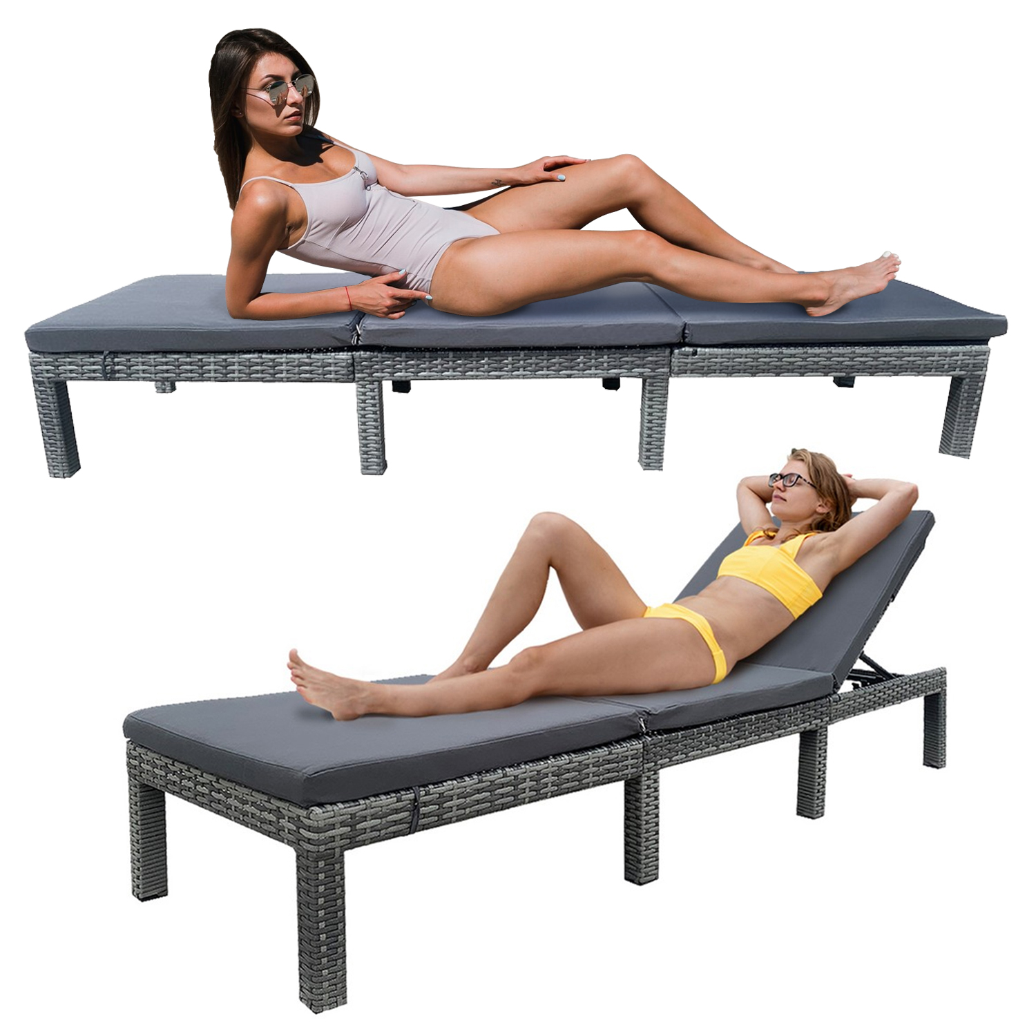 Rattan Effect Plastic Grey Sun Lounger With Cushions