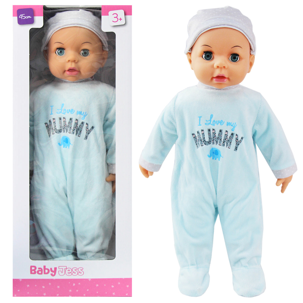 45cm Baby Doll with Hat & Fleece Babygrow | Pink or Blue Option