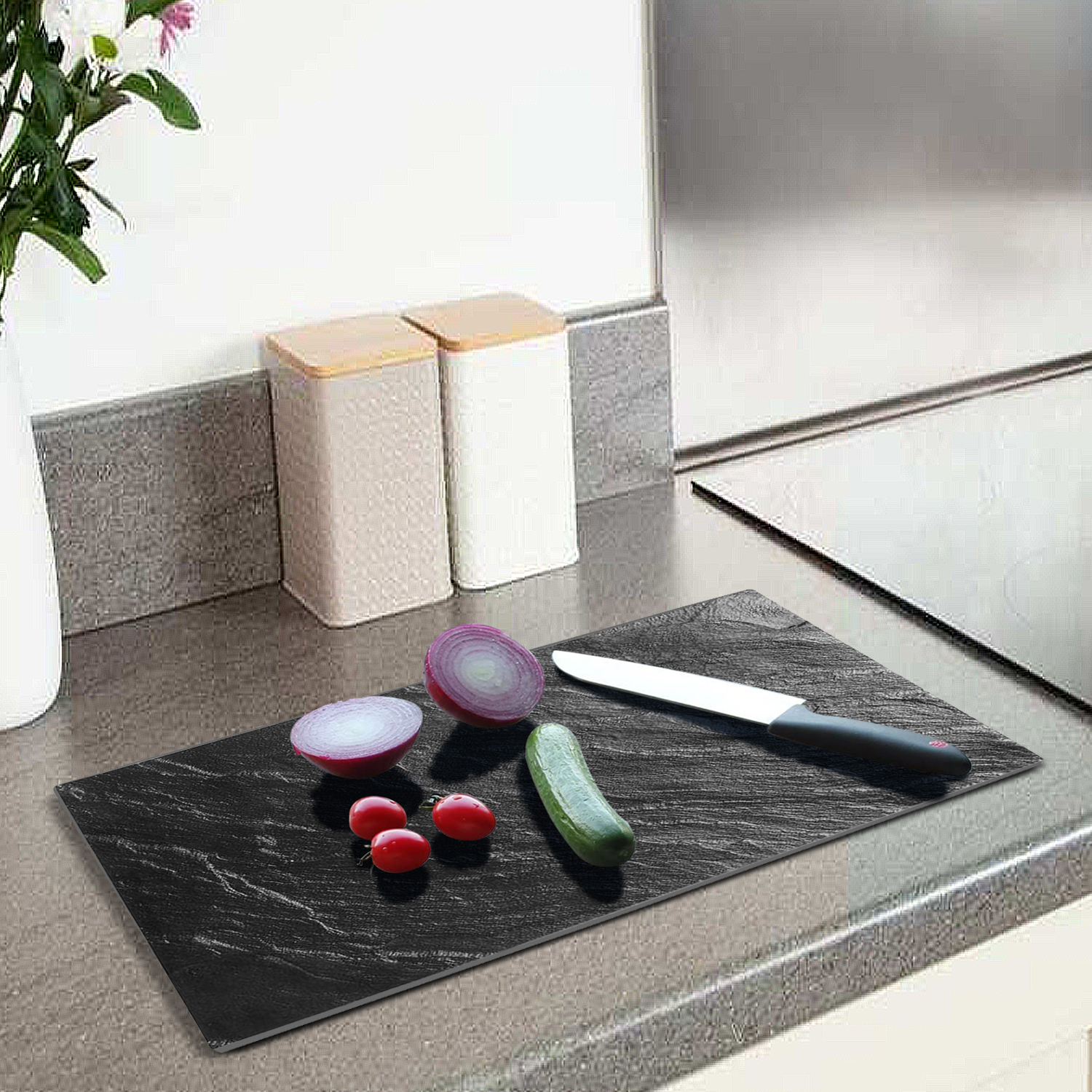 Set of 2 Glass Black Marble Effect Chopping Boards