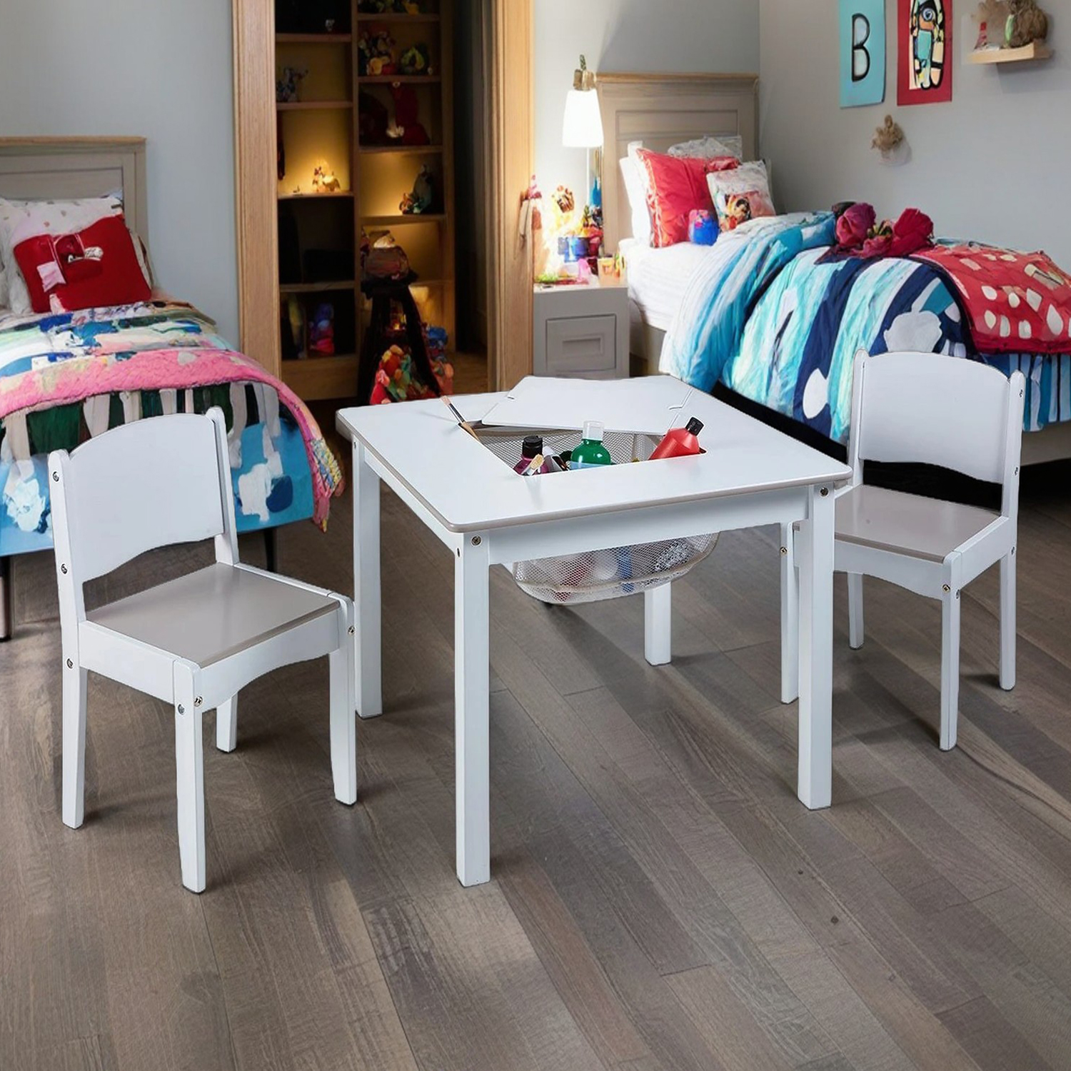 Kids White Craft Table with Storage and 2 Chairs Set