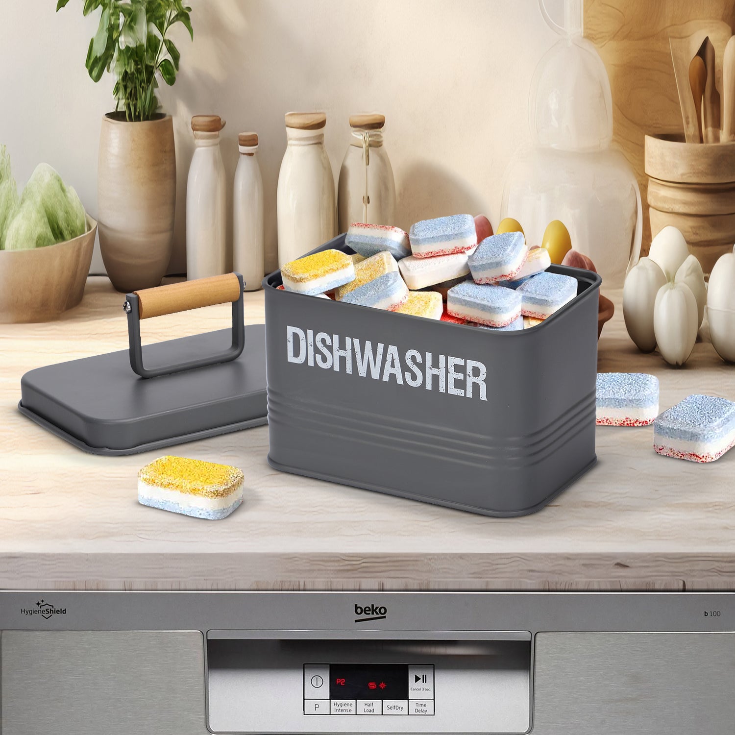 Grey Dishwasher Tablet Storage Tin