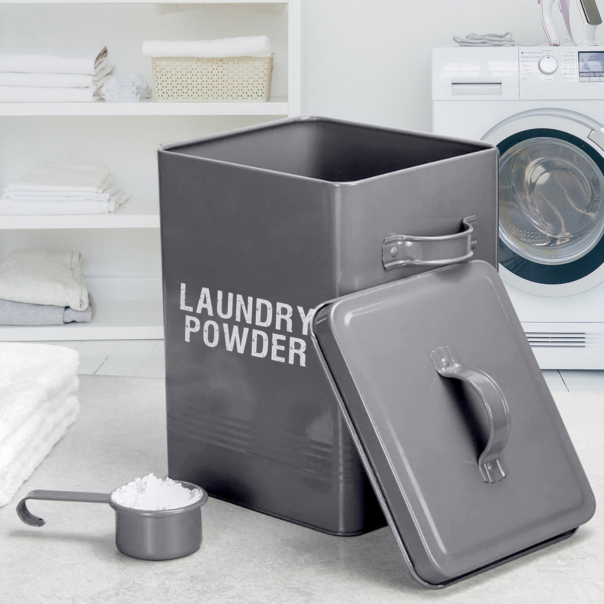 Grey Laundry Powder Storage Box with Scoop