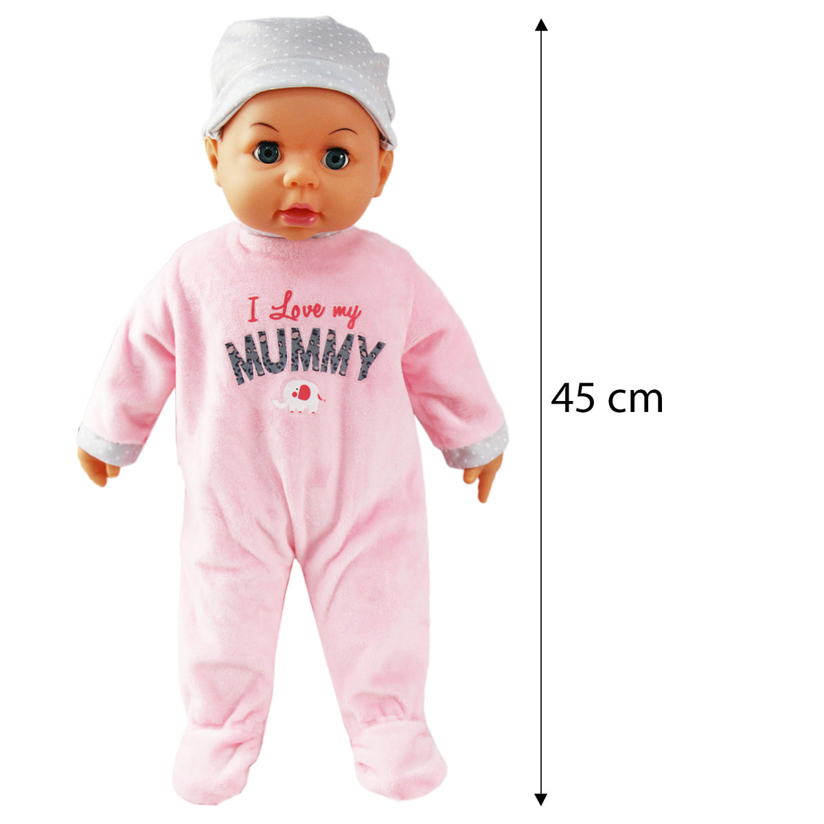 45cm Baby Doll with Hat & Fleece Babygrow | Pink or Blue Option