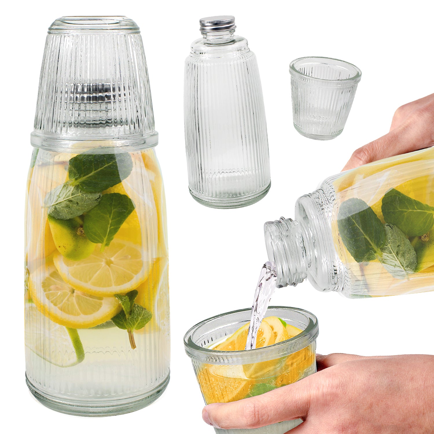 Bedside Water Carafe Set with 1L Glass Bottle and Drinking Glass