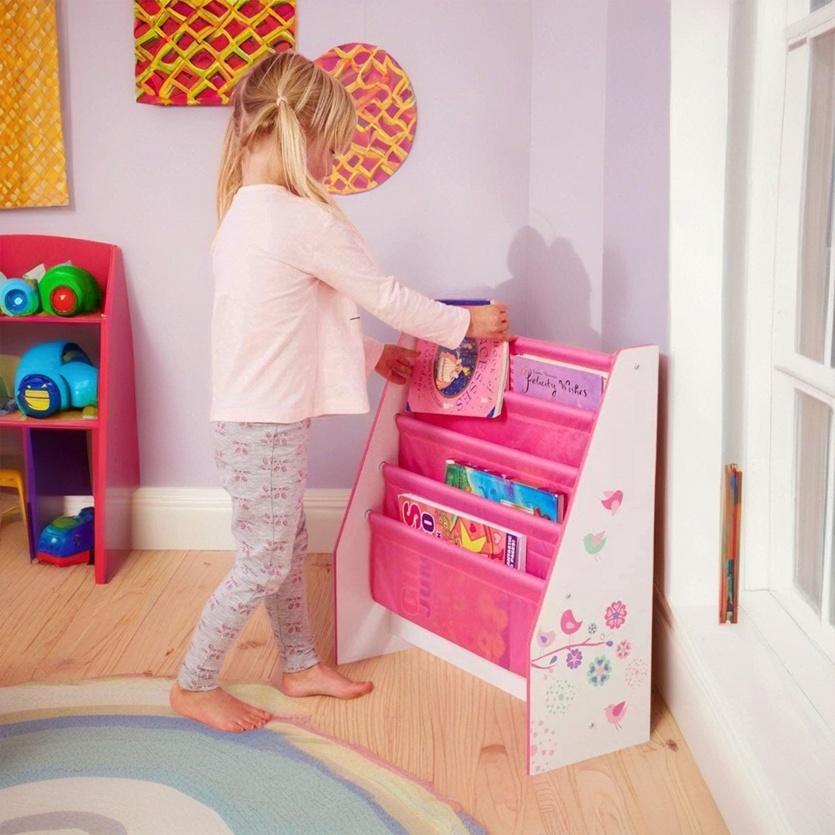 Pink Flowers and Birds Freestanding Sling Bookcase