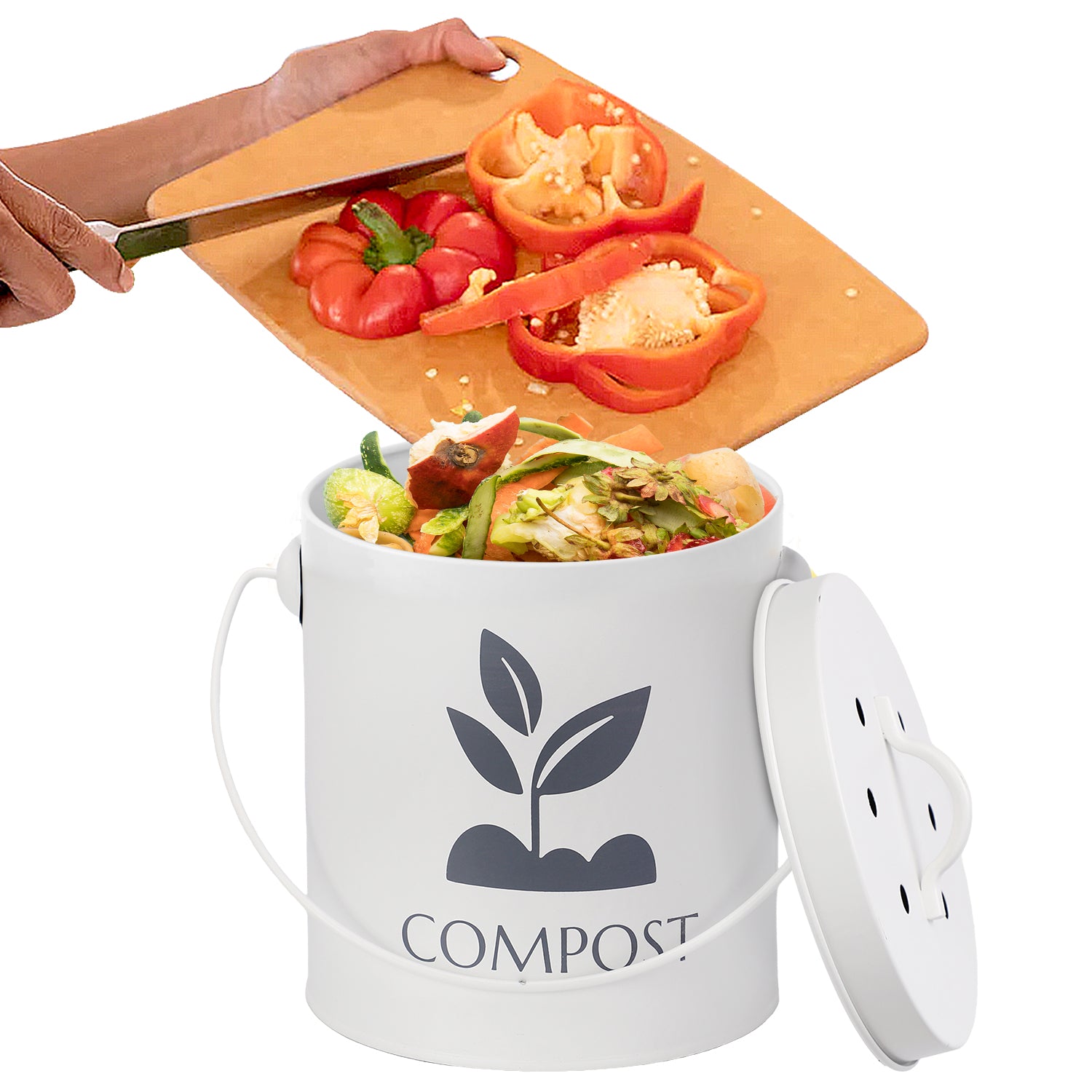 White Kitchen Compost Bin With Lid & Handle