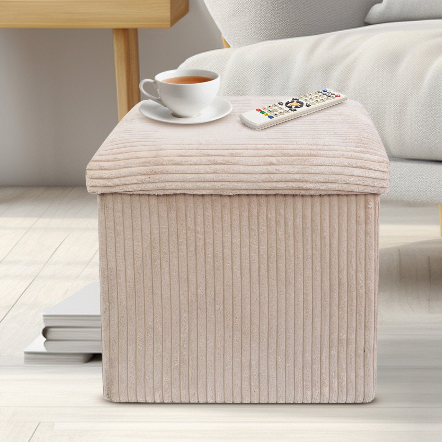 Cream Corduroy Storage Footstool