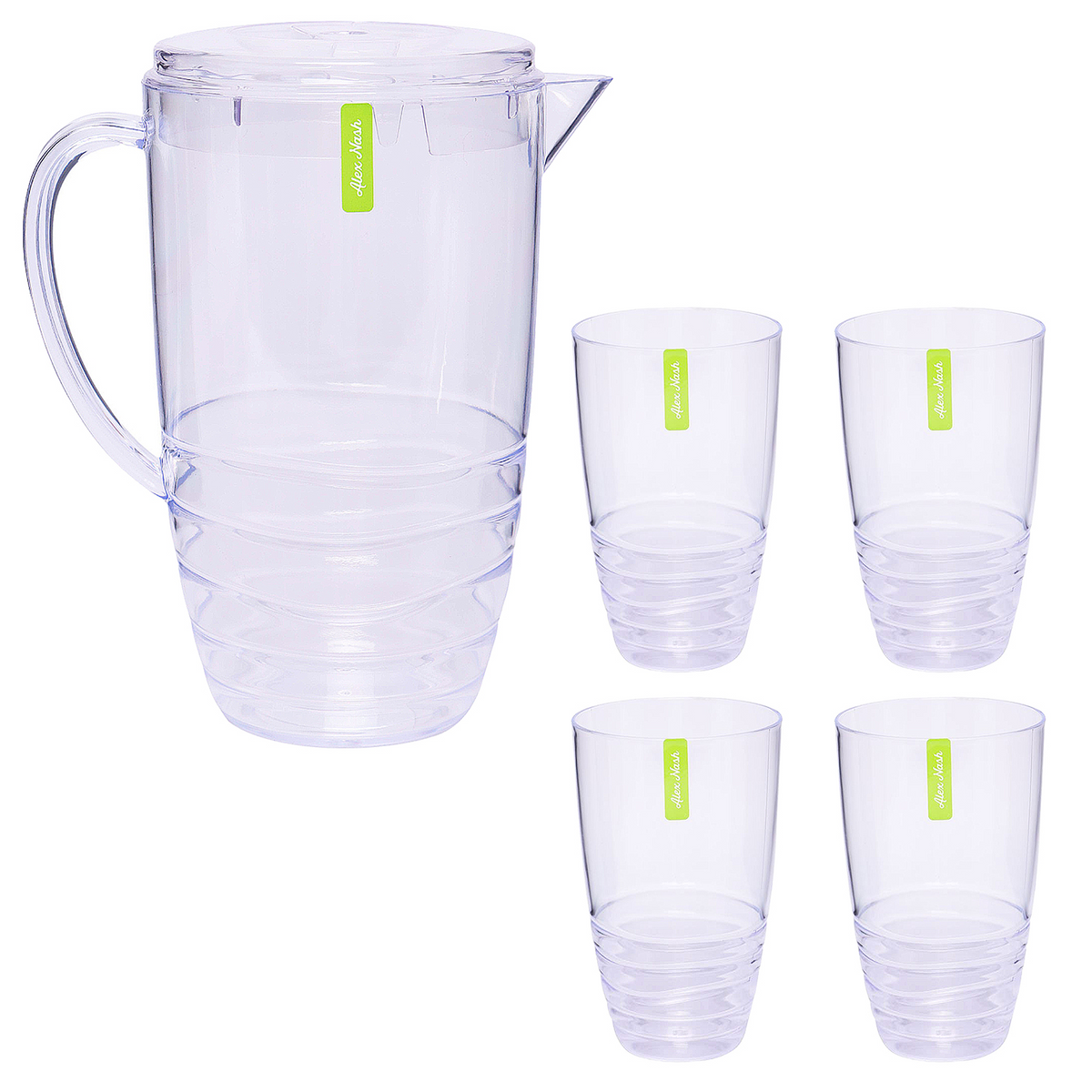 2 Litre Clear Plastic Swirl Drinks Pitcher Jug with Matching Cups