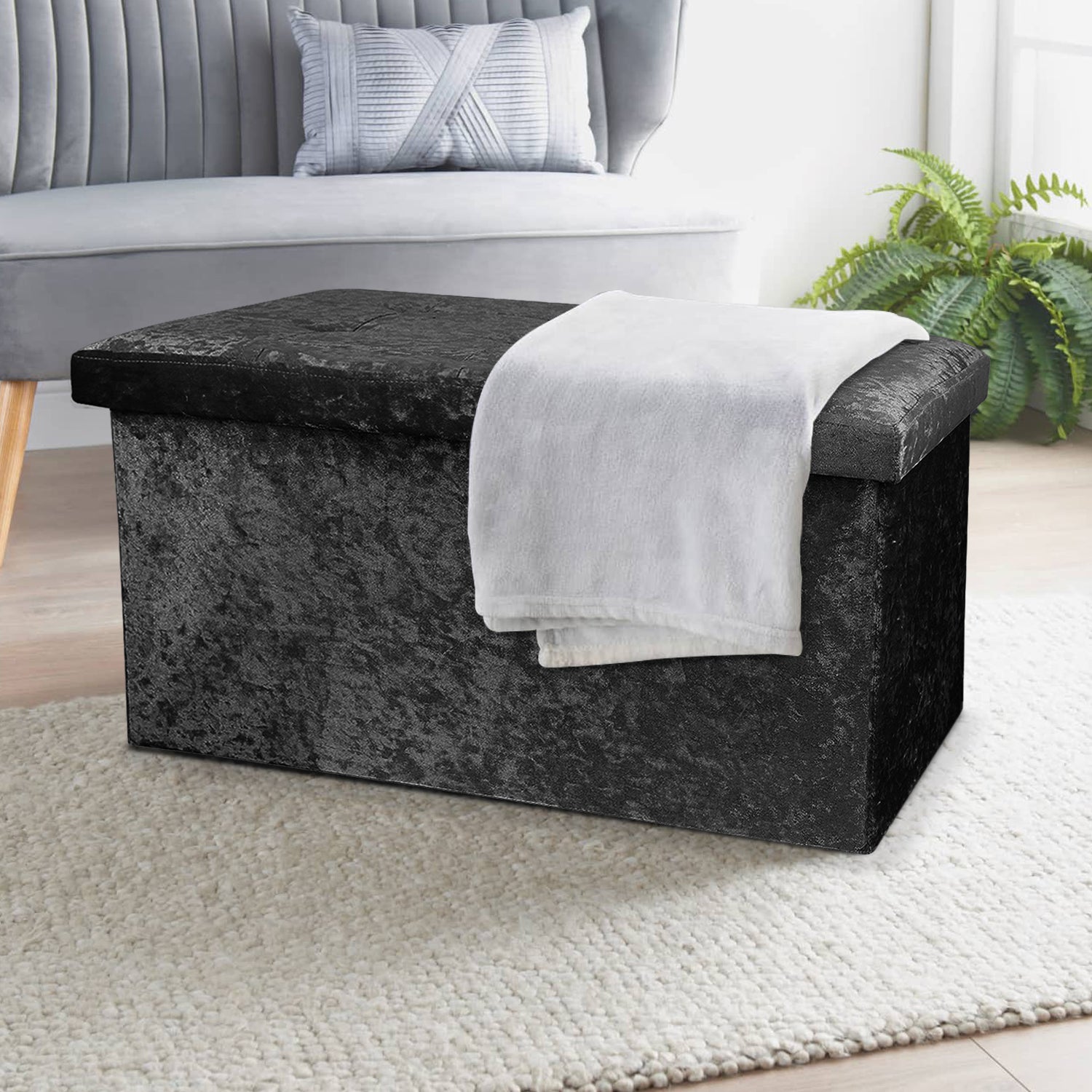 Large Black Double Crushed Velvet Storage Ottoman