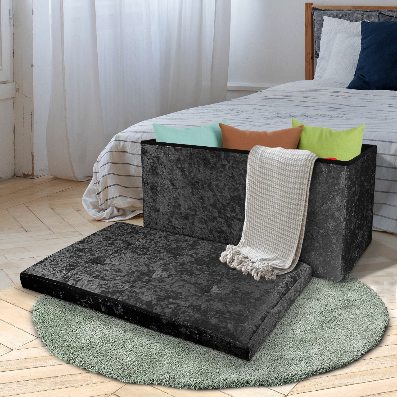 Large Black Double Crushed Velvet Storage Ottoman