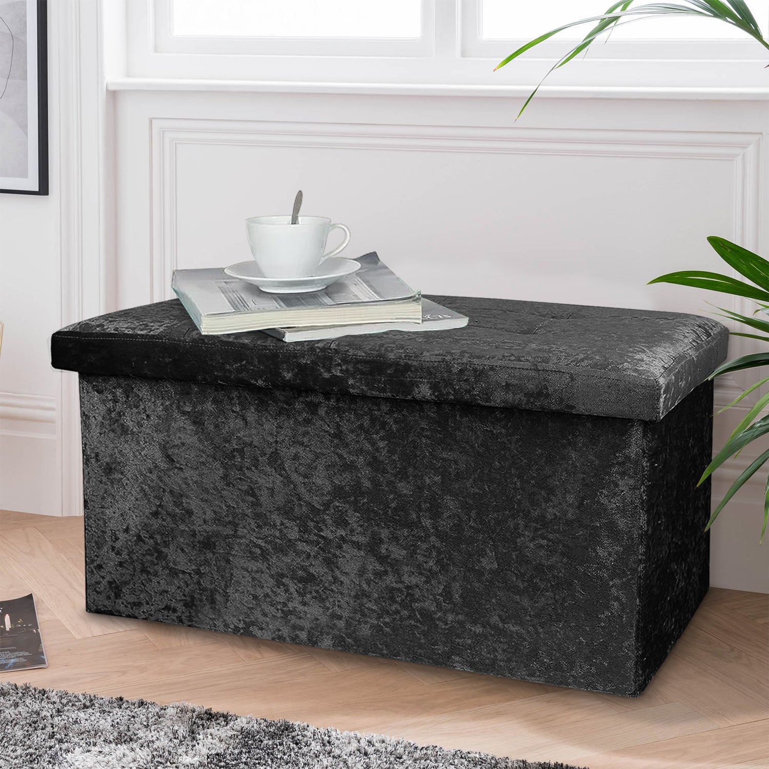 Large Black Double Crushed Velvet Storage Ottoman