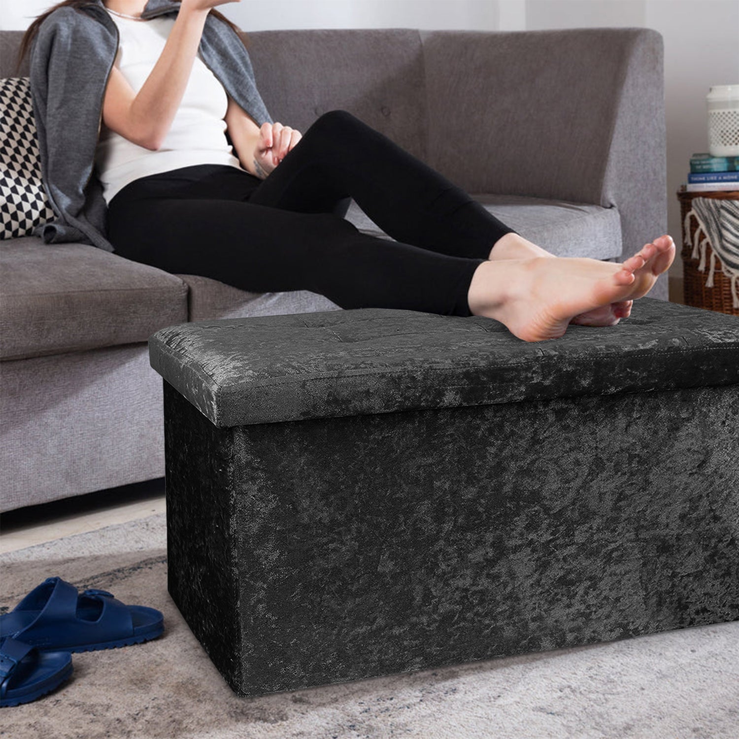 Large Black Double Crushed Velvet Storage Ottoman