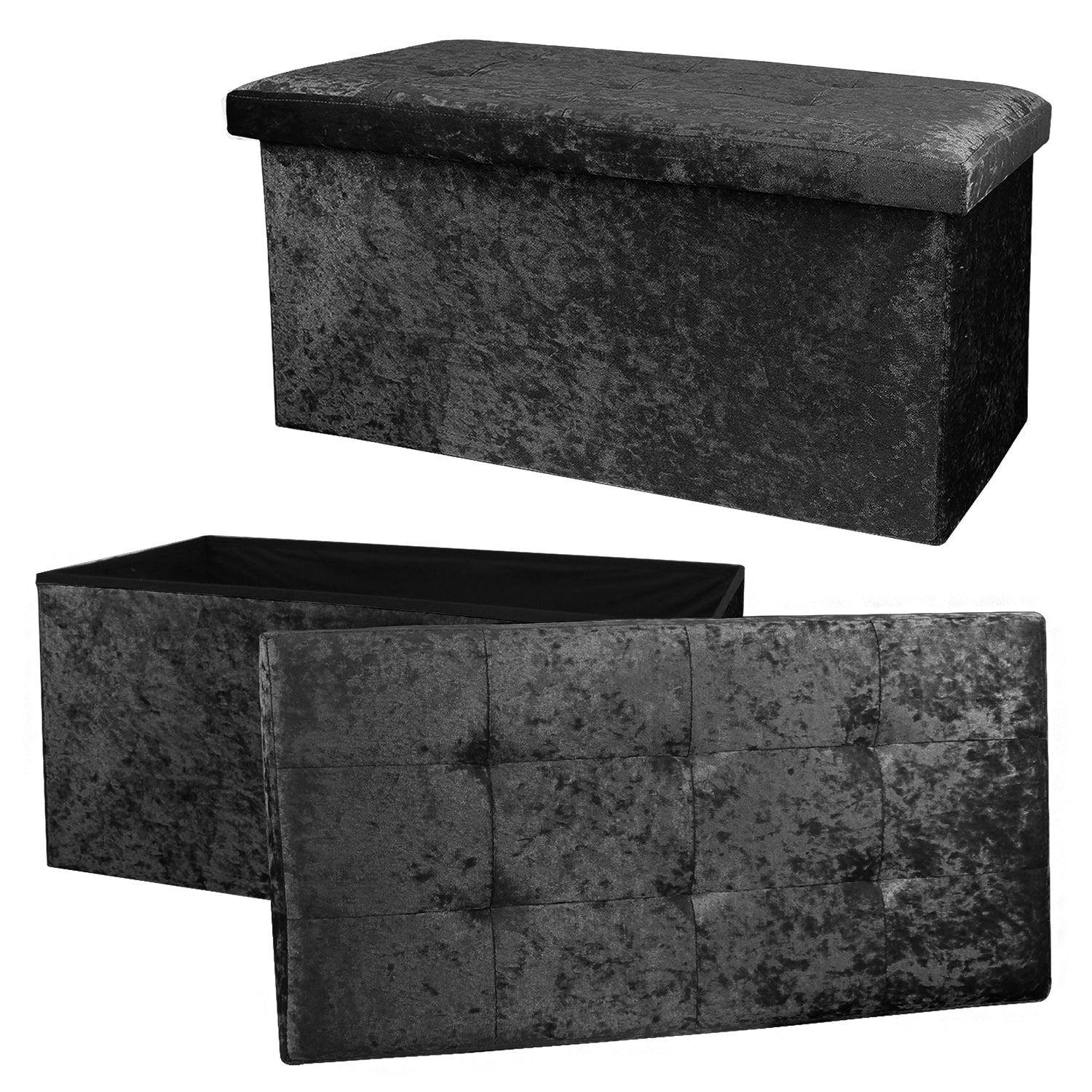 Large Black Double Crushed Velvet Storage Ottoman