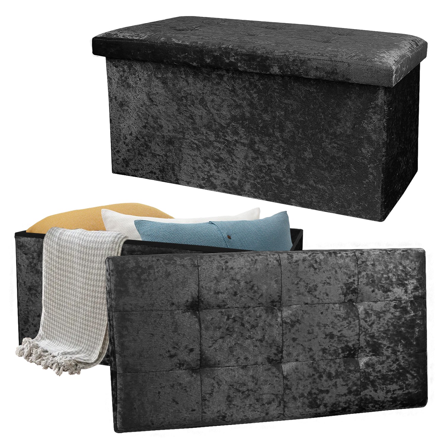 Large Black Double Crushed Velvet Storage Ottoman