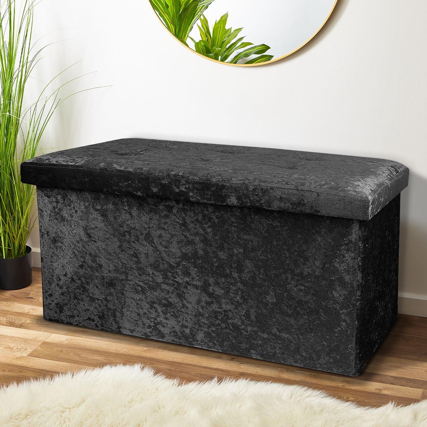 Large Black Double Crushed Velvet Storage Ottoman