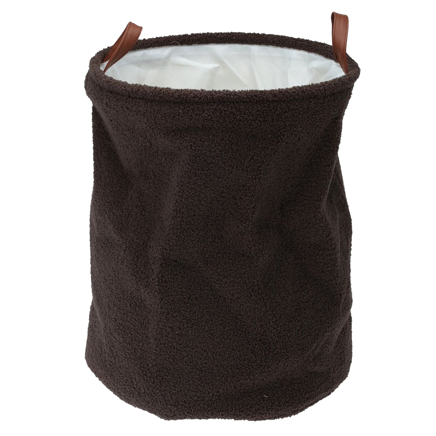 Teddy Boucle Round Laundry Storage Basket with Faux Leather Handles