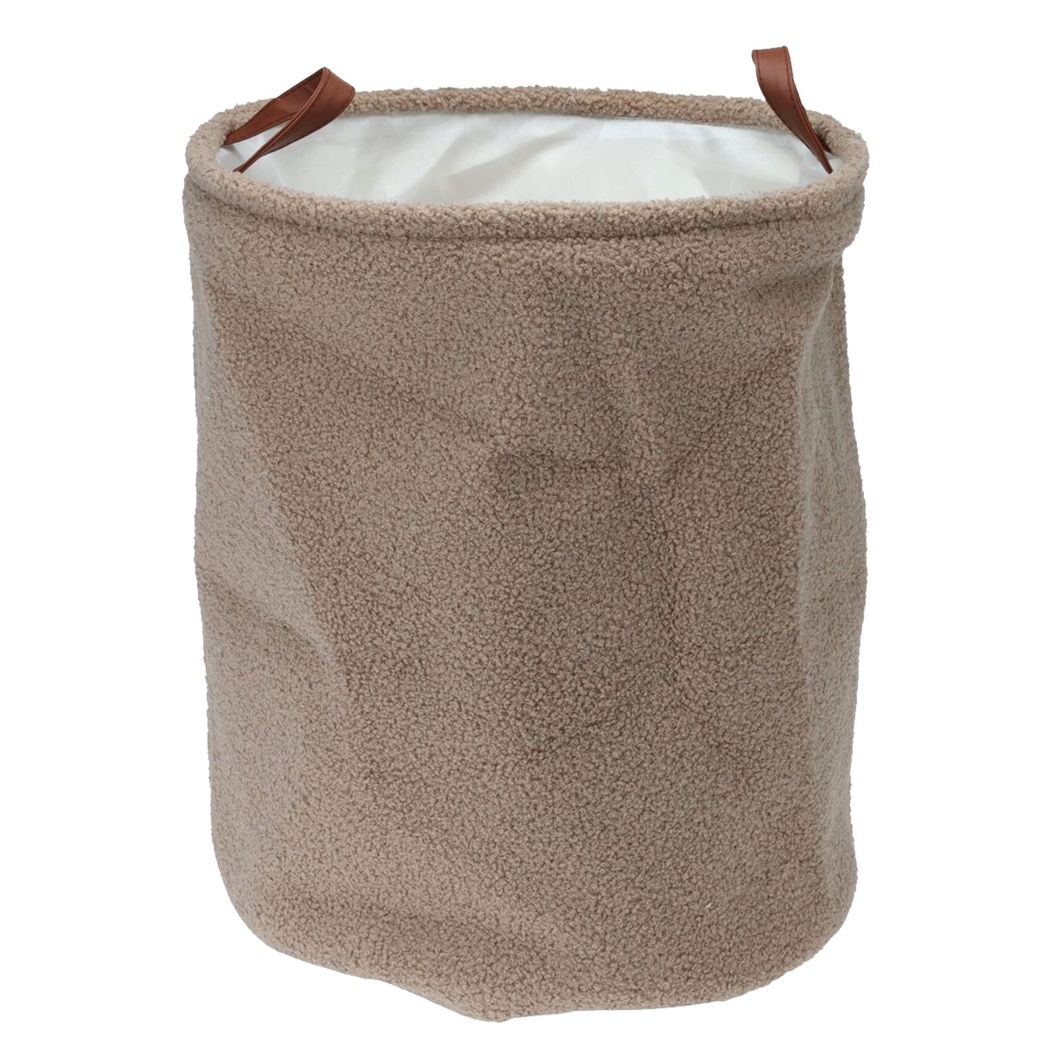 Teddy Boucle Round Laundry Storage Basket with Faux Leather Handles