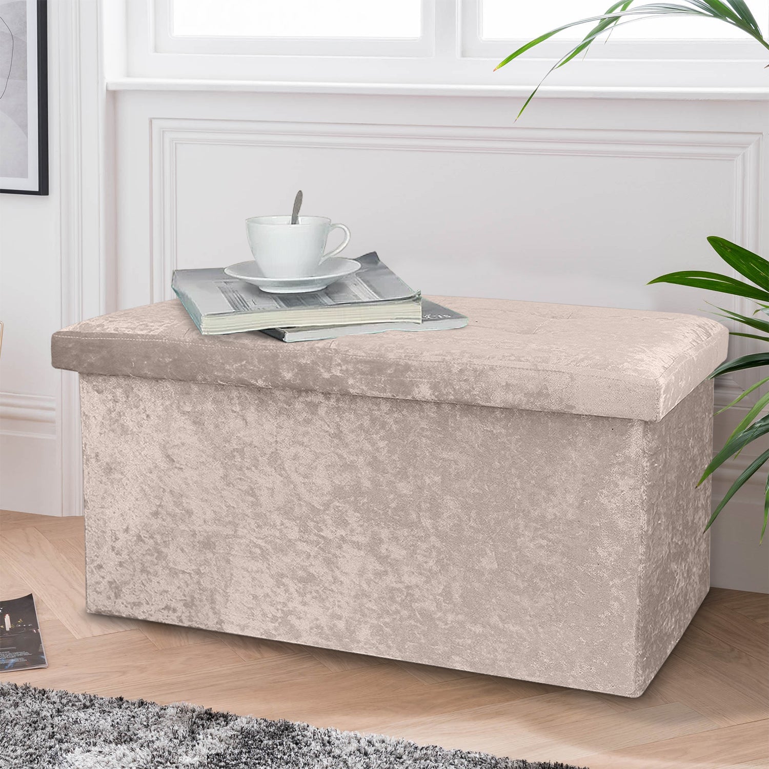 Large Cream Double Crushed Velvet Storage Ottoman