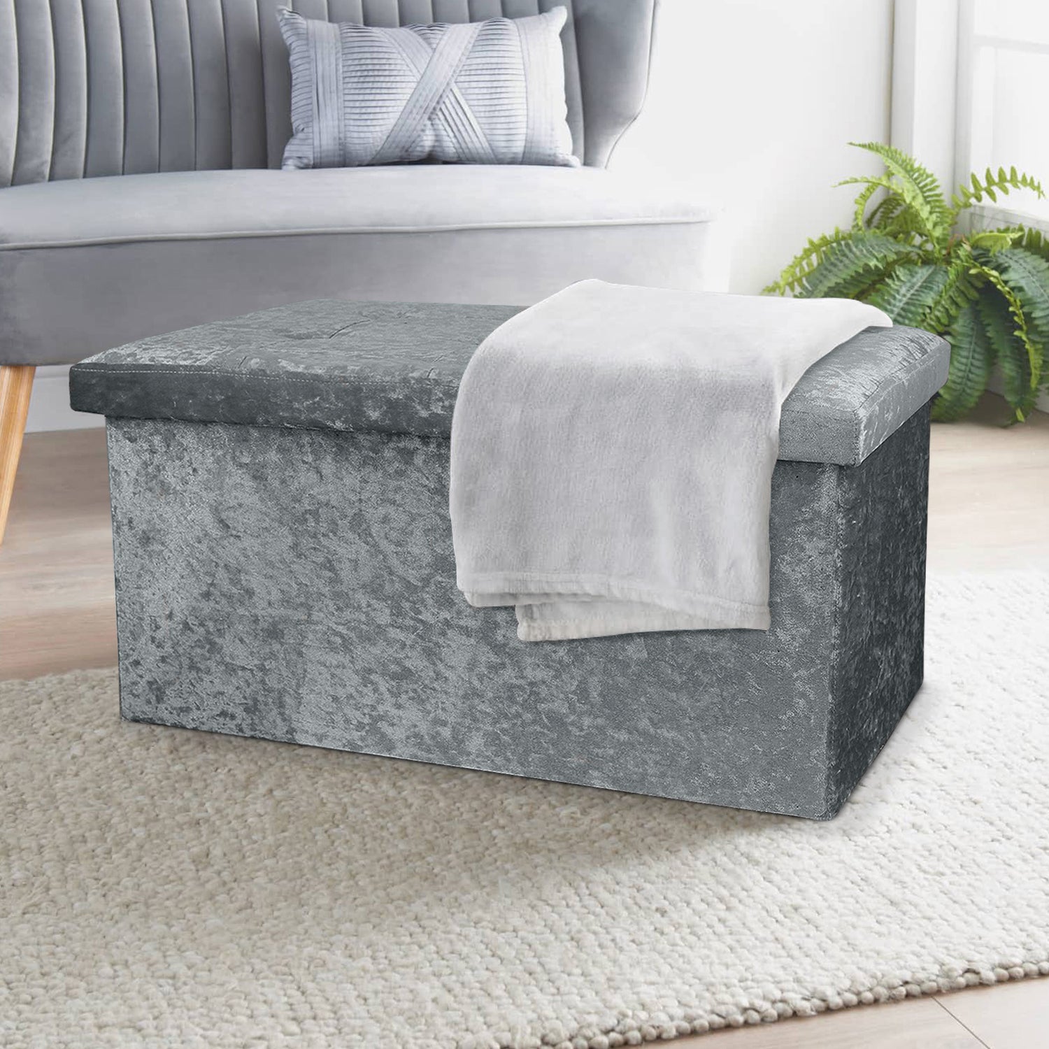 Large Grey Double Crushed Velvet Storage Ottoman