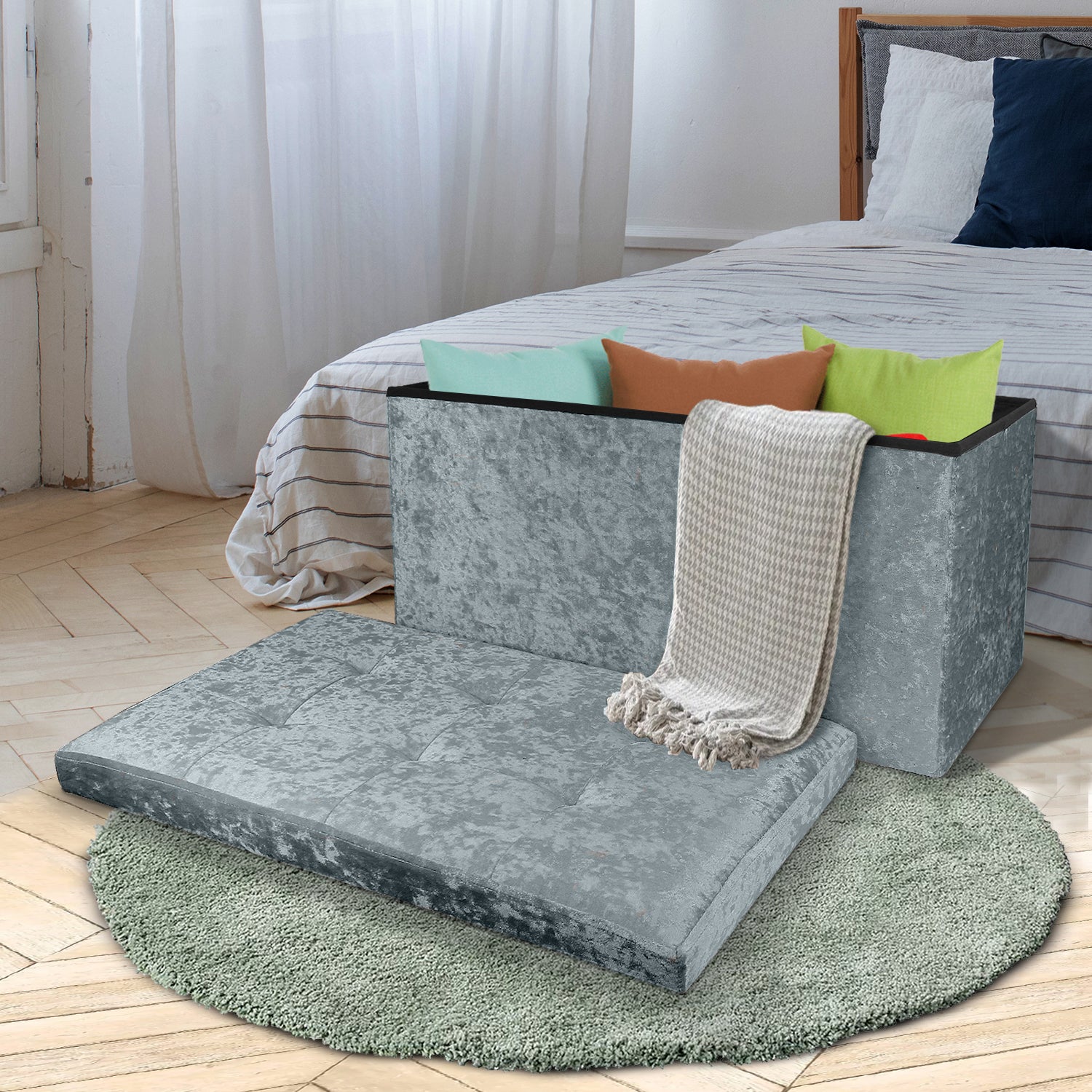 Large Grey Double Crushed Velvet Storage Ottoman