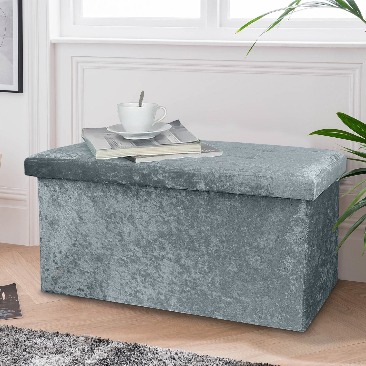 Large Grey Double Crushed Velvet Storage Ottoman