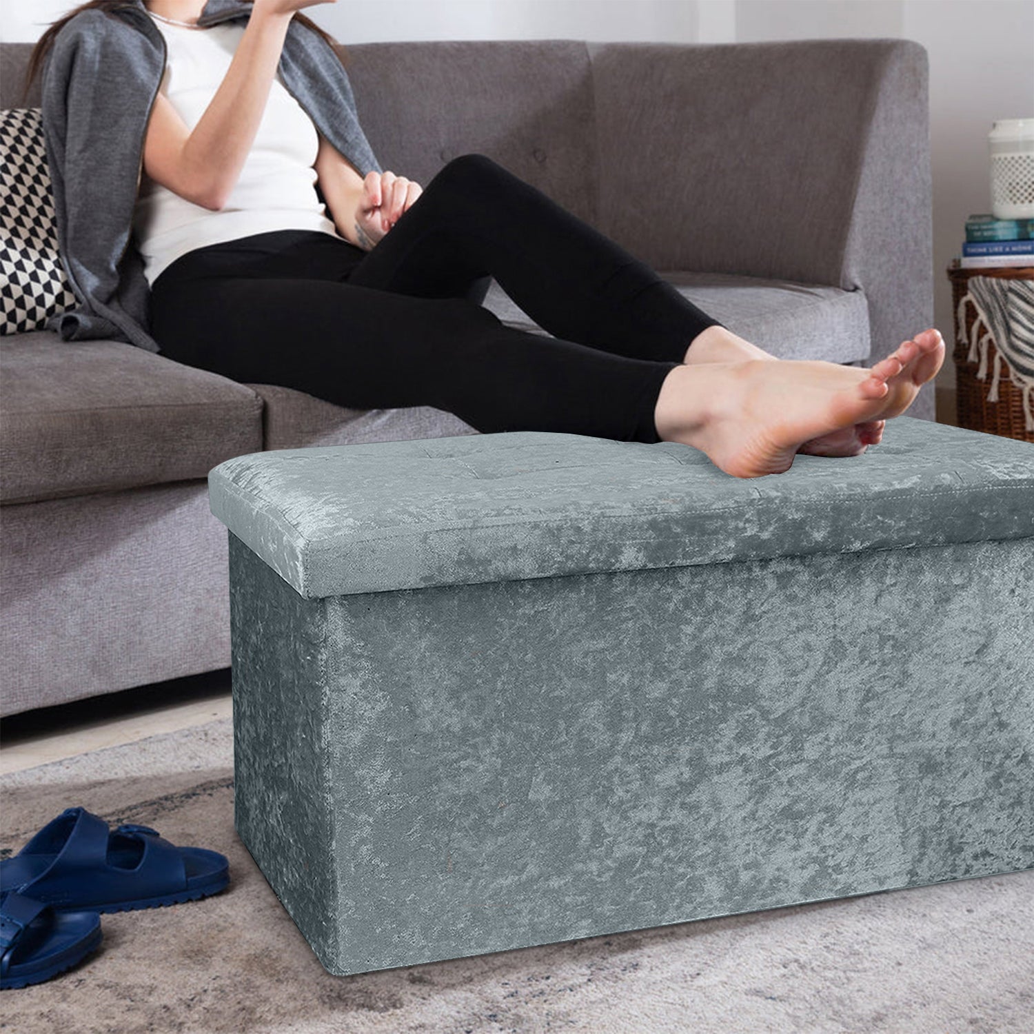 Large Grey Double Crushed Velvet Storage Ottoman