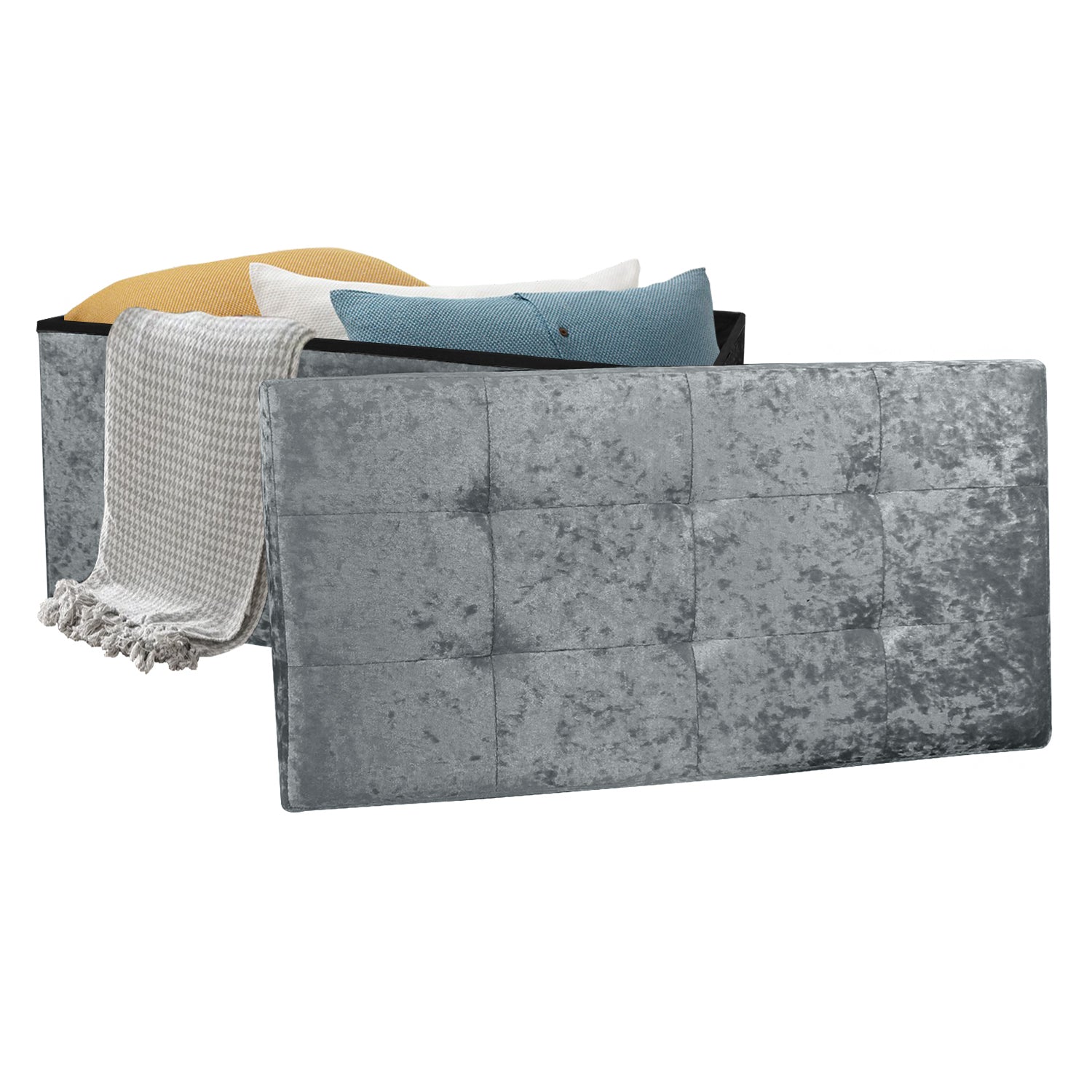 Large Grey Double Crushed Velvet Storage Ottoman