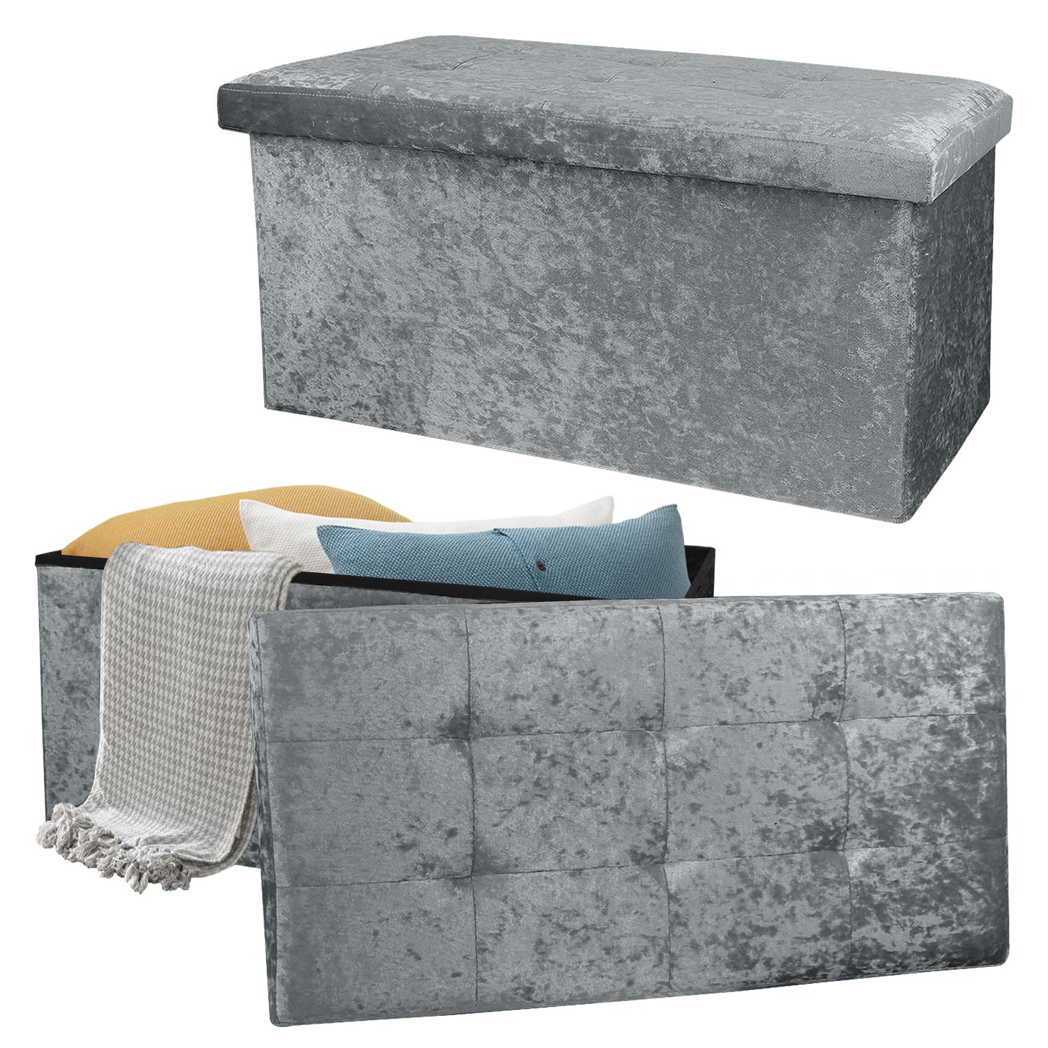 Large Grey Double Crushed Velvet Storage Ottoman