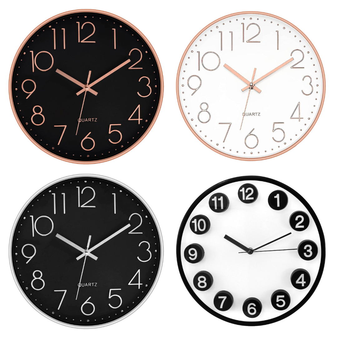 12 inch Wall Clock Silent Quartz Design - Choose Your Colour